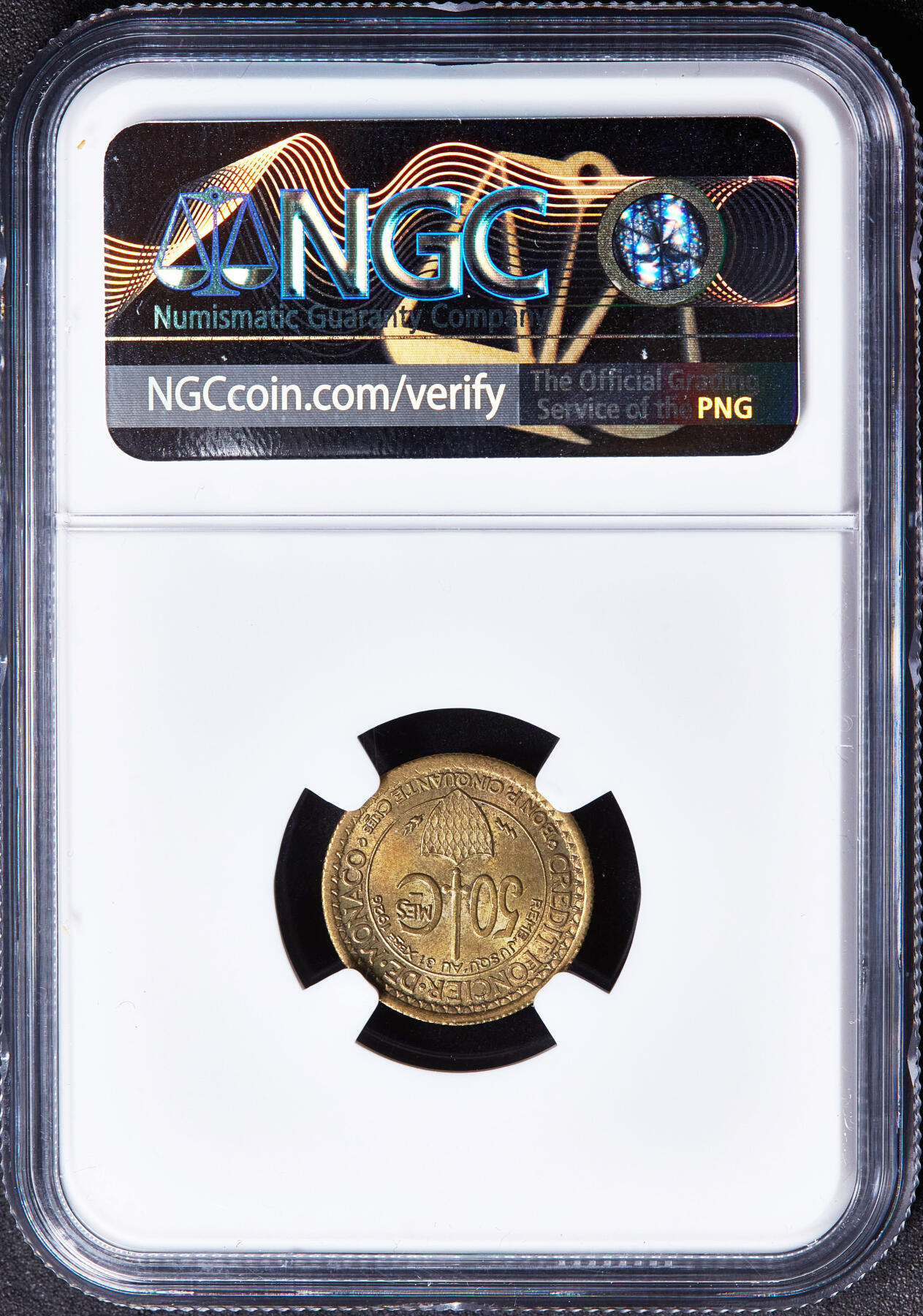 【俄甄集藏】满园春色-2026年(051)04-22星期三 晚 19:30 全场包邮 摩纳哥1924年50分铜币，NGC MS64，转光品相，总筋年份，标签错误