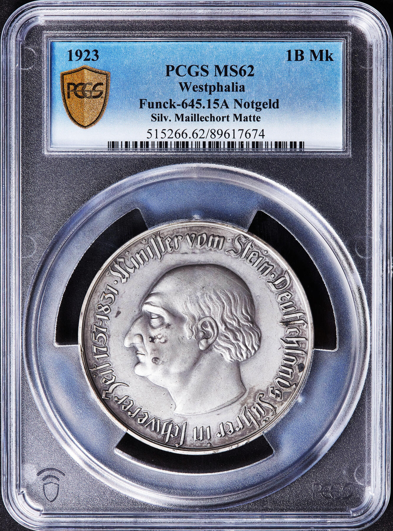 【俄甄集藏】满园春色-2026年(051)04-22星期三 晚 19:30 全场包邮 德国1923年德紧威斯特法伦冯·施泰因男爵头像1万亿马克大马币，PCGS SP62，名誉品种，直径：60mm