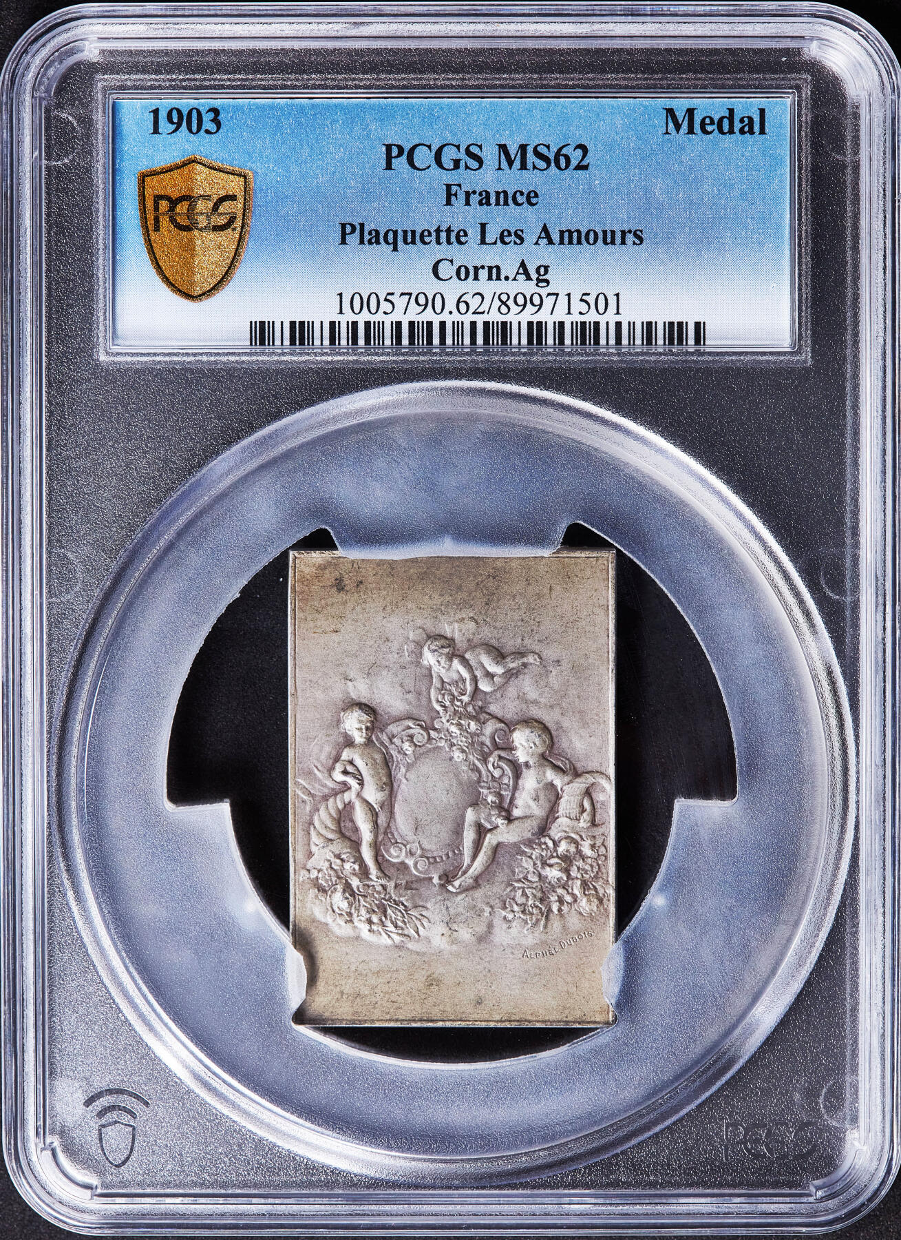 【俄甄集藏】满园春色-2026年(051)04-22星期三 晚 19:30 全场包邮 法国1903年新艺术运动时期丘比特爱神方形大银章，PCGS MS62，黄油彩包浆，设计精美，章牌大师阿道夫·杜波依斯作品，尺寸50mm×35mm，名誉品种，唯一评级记录