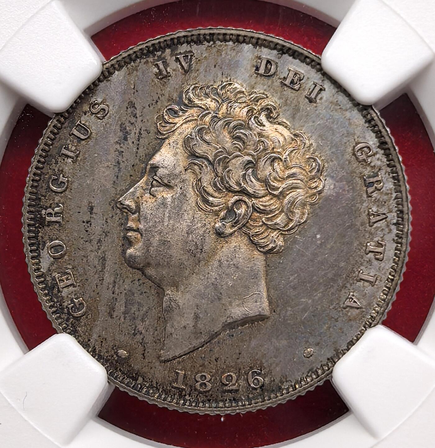 凡希社世界钱币微拍第三百二十二期 荐！1826英国乔治四世精铸先令NGC-PF64，英伦灰彩，侧光下呈现漂亮的橙红钴蓝色氧化，质感油润，视觉一流！一枚PF65的同品种先令在今年一月份的HA拍卖中以$3416落槌。（视频参考）