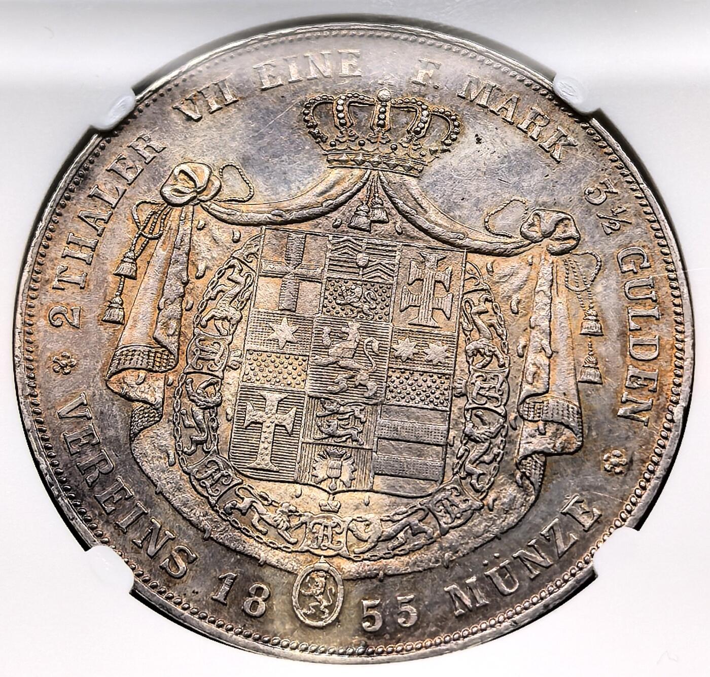 凡希社世界钱币微拍第三百二十二期 1855德国黑森-卡塞尔公国威廉一世2泰勒大银NGC-AU58，收官年版，铸造量30000枚，中度灰彩，高品难得。（视频参考）