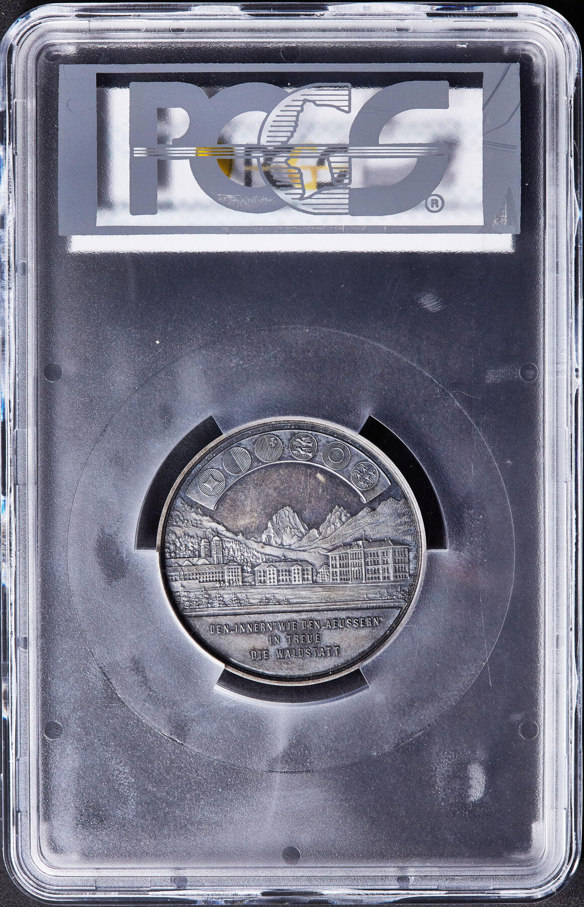 【俄甄集藏】满园春色-2026年(051)04-22星期三 晚 19:30 全场包邮 瑞士1889年纪念艾恩西德尔恩射击节大银章，PCGS SP63，酱彩老包浆，少见品种，亚军分，直径：45mm