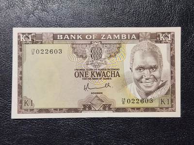 4月11号晚上8点 中外纸币自动截拍第55场 - 赞比亚 1976年 1 克瓦查 近新轻微折