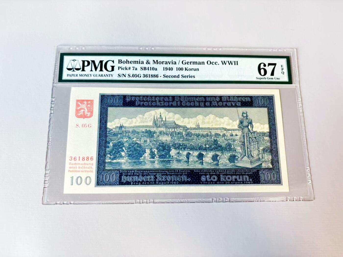 【Blue Auction】世界纸币精拍第808期——18级TOP拍卖/信誉/品质/专业/高效💫 【实钞 无47】波西米亚 1940年100克朗 PMG67EPQ 