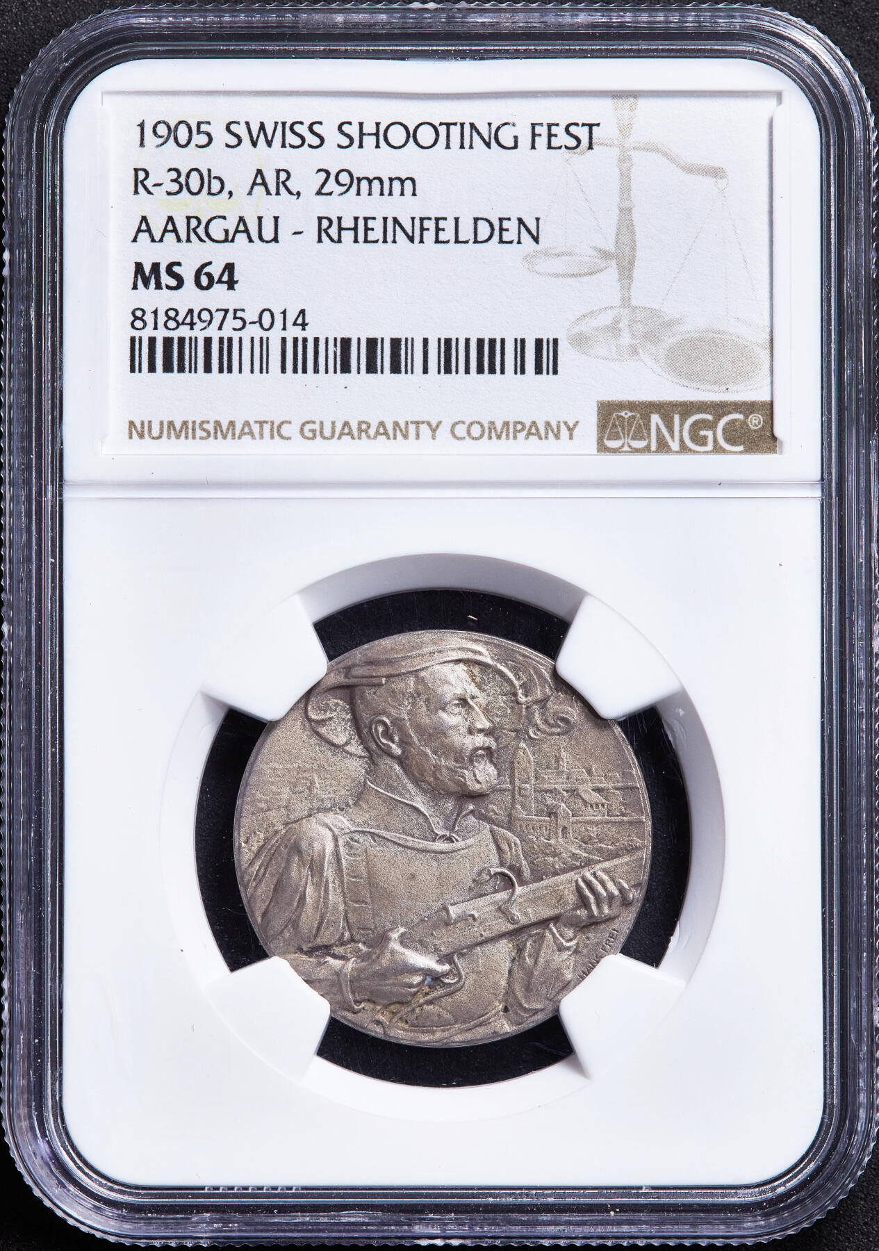 【俄甄集藏】满园春色-2026年(051)04-22星期三 晚 19:30 全场包邮 瑞士1905年纪念阿尔高-莱茵费尔登射击节银章，NGC MS64，黄油彩包浆，高浮雕，格里芬狮鹫，设计精美