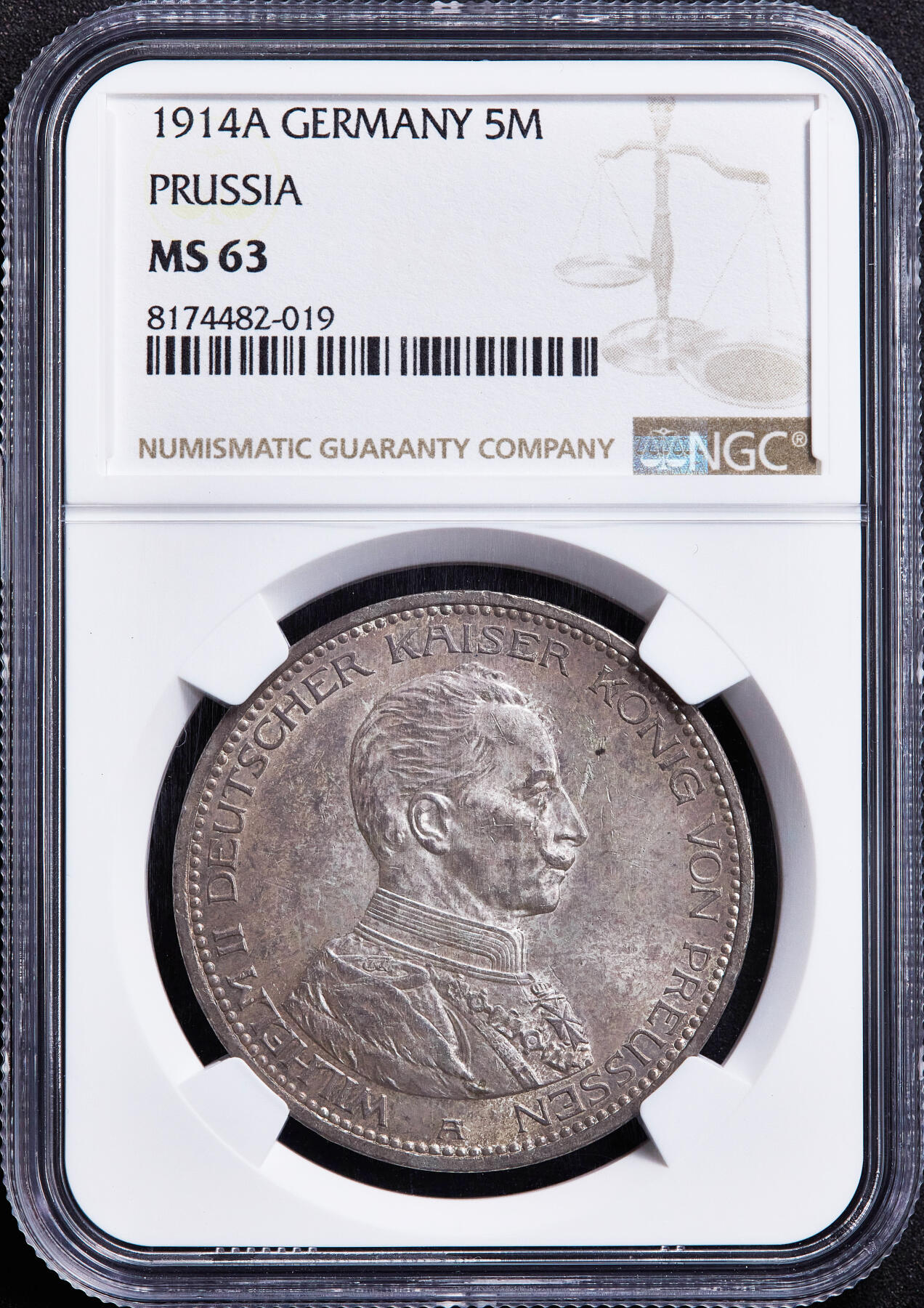 【俄甄集藏】满园春色-2026年(051)04-22星期三 晚 19:30 全场包邮 德国普鲁士1914年威廉二世A版军装5马克大银币，NGC MS63，黄油酱彩，原光品相