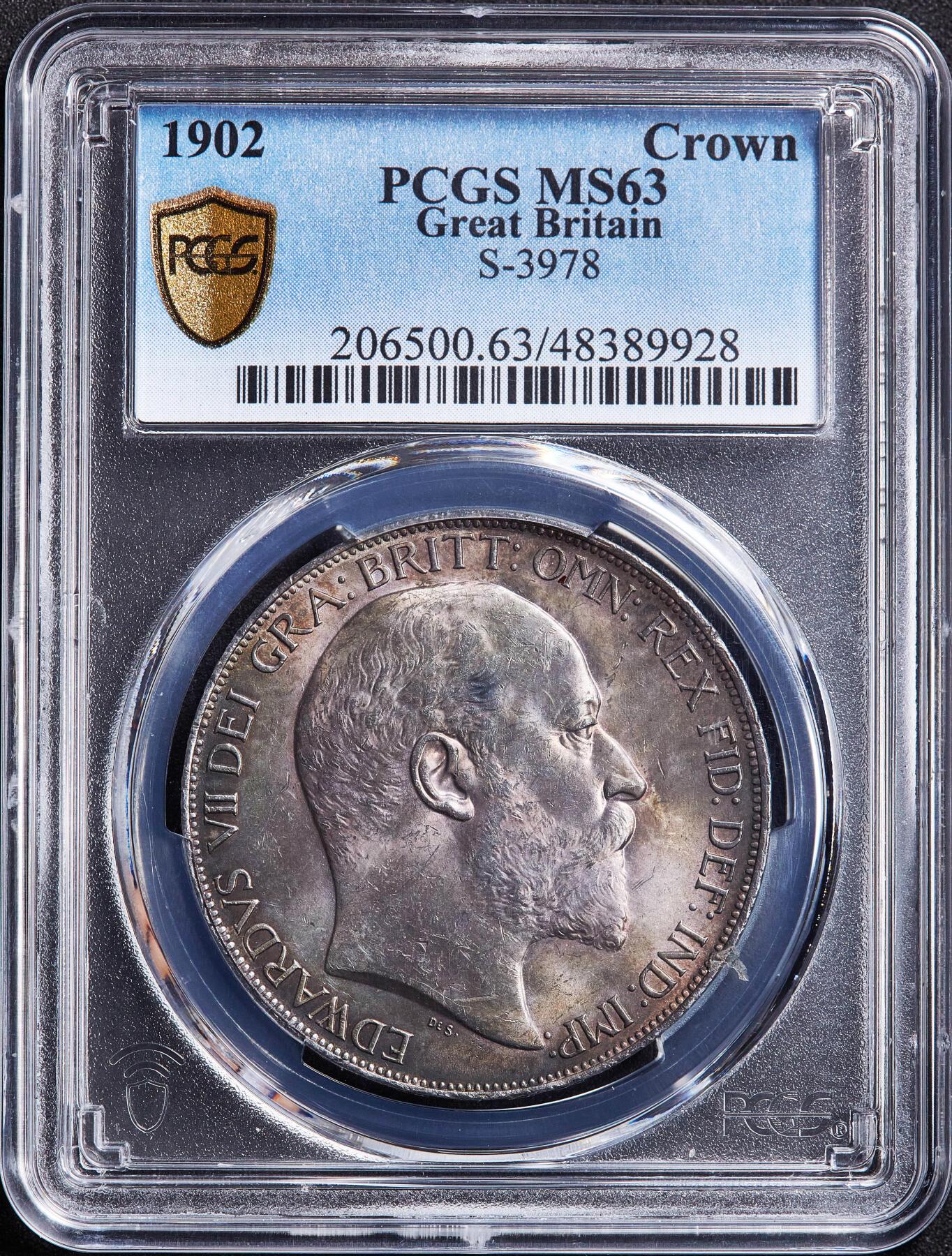 【俄甄集藏】满园春色-2026年(051)04-22星期三 晚 19:30 全场包邮 英国1902年爱德华七世马剑1克朗大银币，PCGS MS63，五彩包浆，底板凝霜，转光品相，经典品种