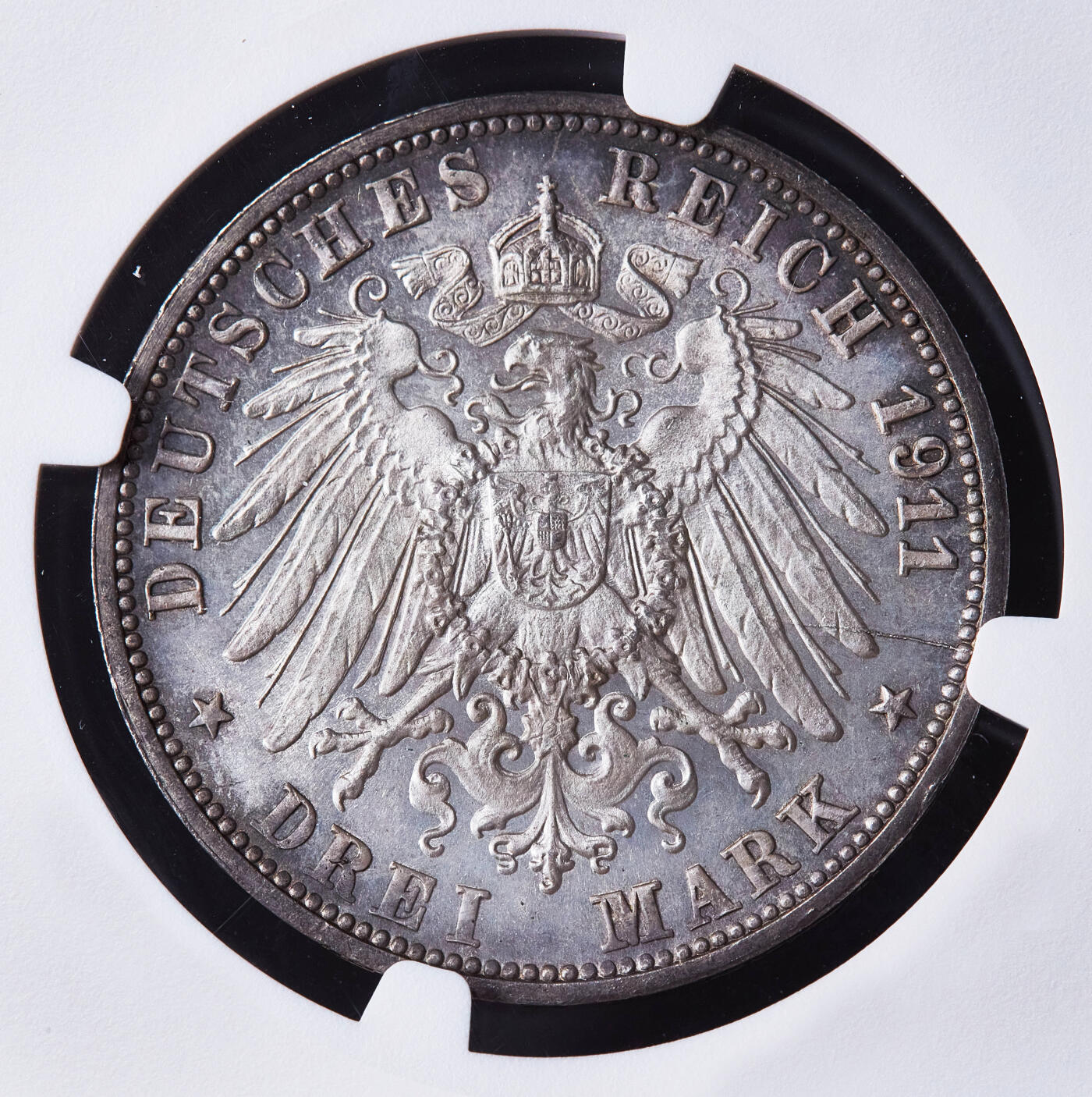 【俄甄集藏】满园春色-2026年(051)04-22星期三 晚 19:30 全场包邮 德国符腾堡1911年F版国王威廉二世银婚纪念3马克银币，NGC MS61，酱彩包浆，类精制底板，转光品相