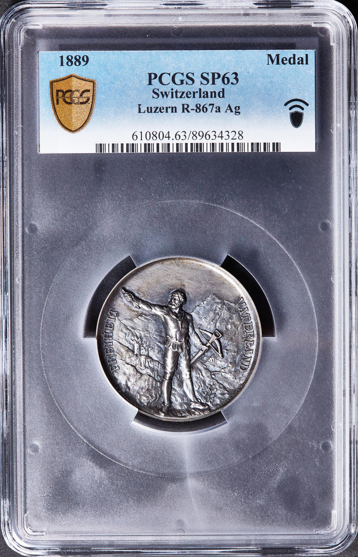 【俄甄集藏】满园春色-2026年(051)04-22星期三 晚 19:30 全场包邮 瑞士1889年纪念卢塞恩射击节大银章，PCGS SP63，五彩包浆，高浮雕，正面人物为民族英雄威廉·退尔，名誉品种，亚军，直径：45mm