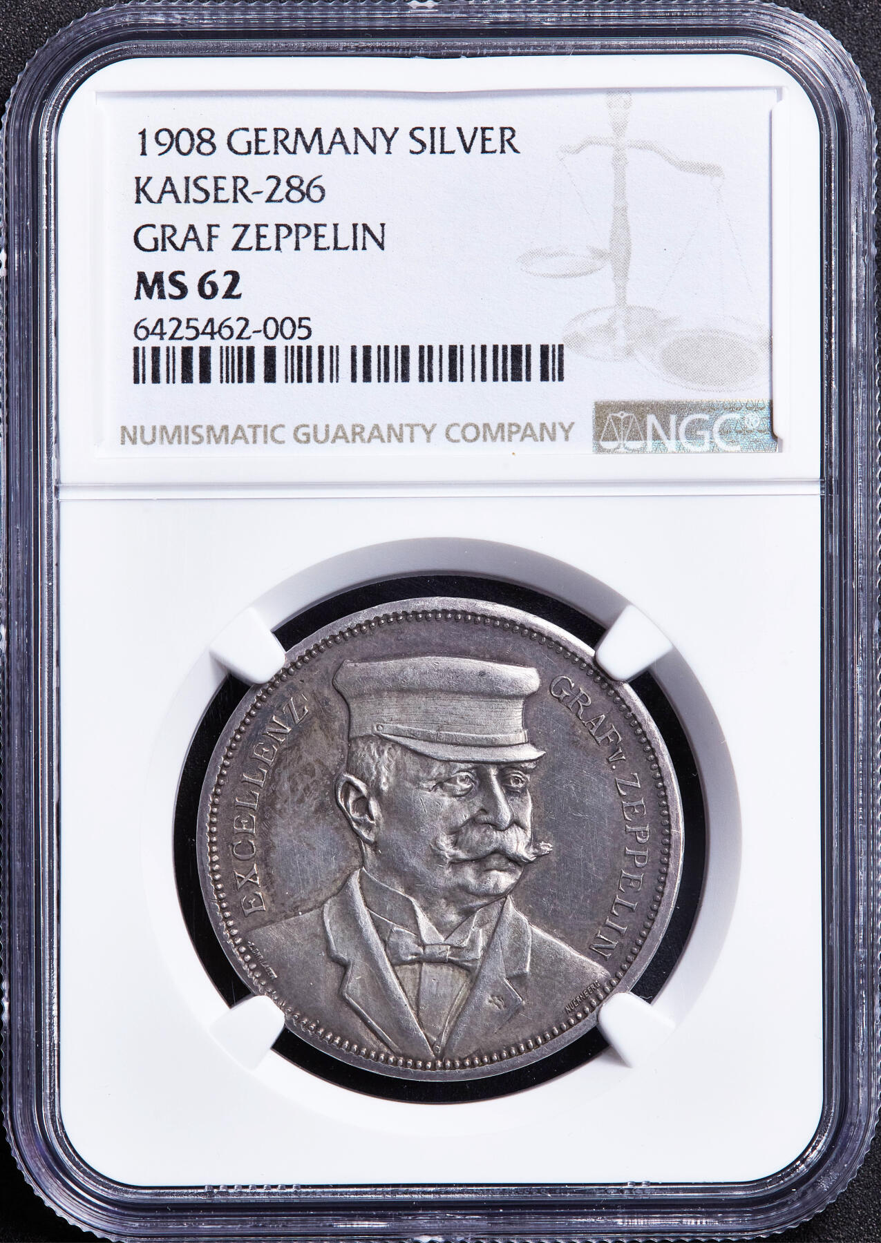 【俄甄集藏】满园春色-2026年(051)04-22星期三 晚 19:30 全场包邮 德国1908年费迪南·冯·齐柏林伯爵头像纪念LZ4飞艇斯特拉斯堡试航银章，NGC MS62，酱彩包浆，类精制底板，少见