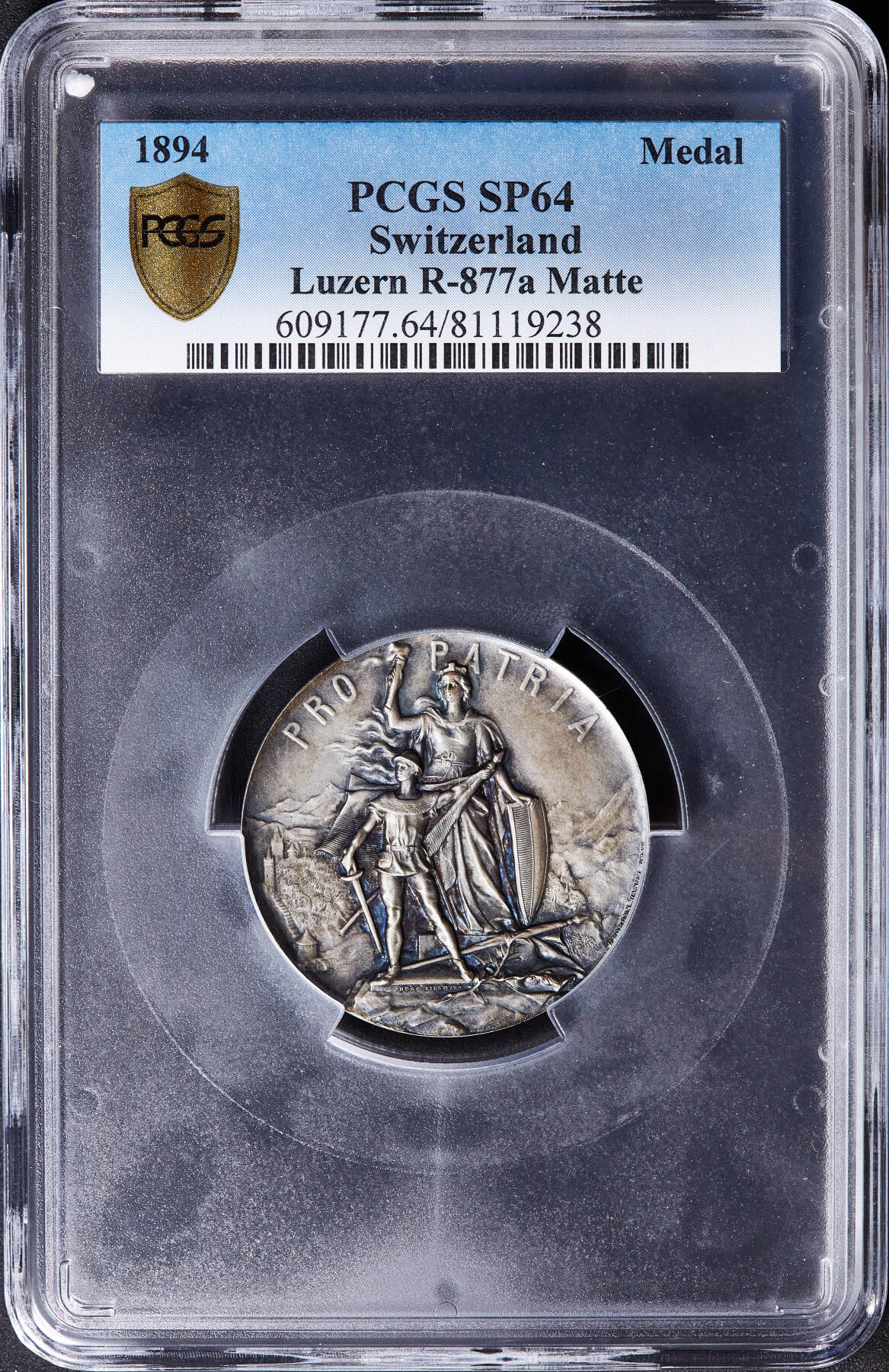 【俄甄集藏】满园春色-2026年(051)04-22星期三 晚 19:30 全场包邮 瑞士1894年纪念卢塞恩射击节大银章，PCGS SP64，黄油五彩老包浆，高浮雕，设计精美，冠军分，稀少品种，直径：45mm