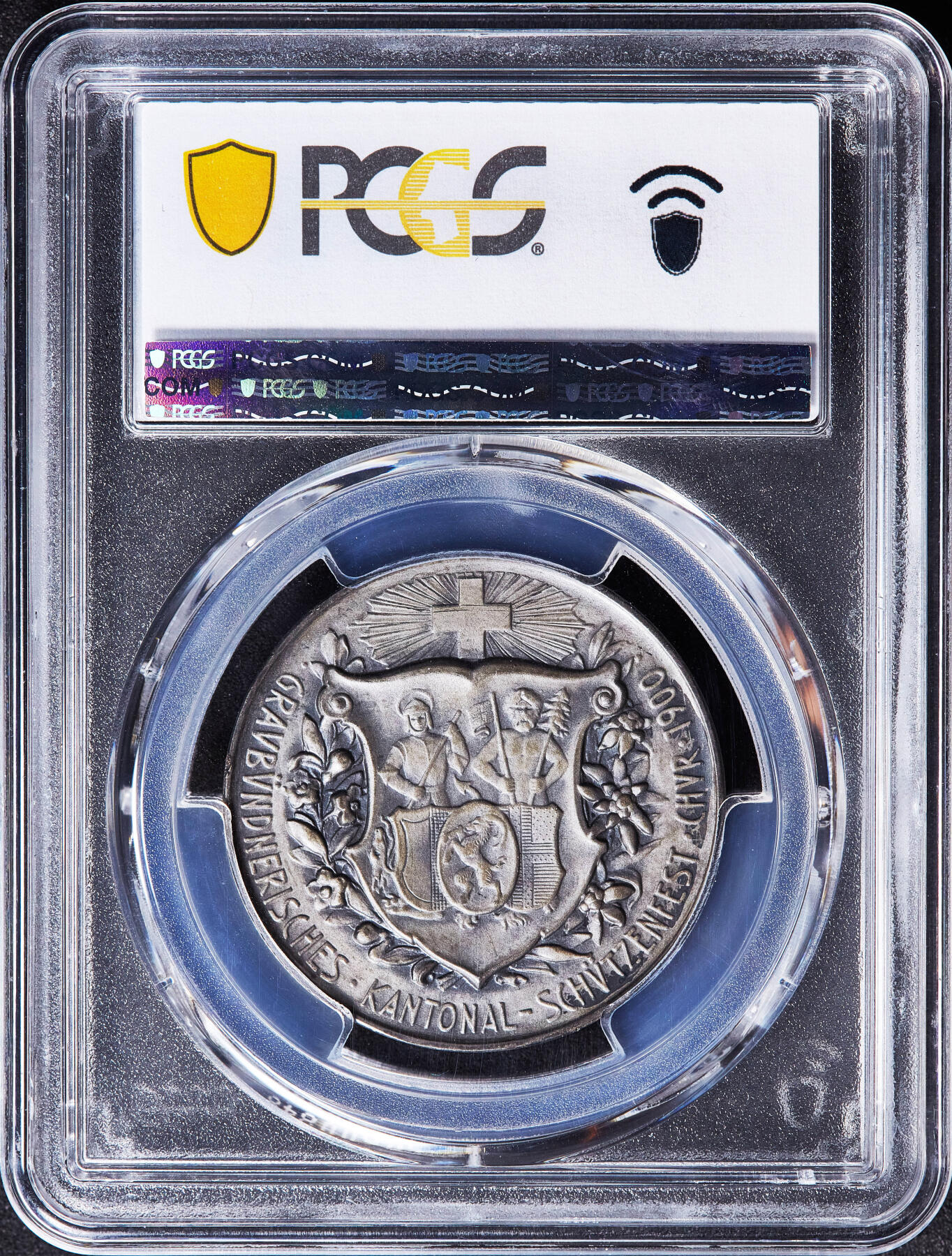 【俄甄集藏】满园春色-2026年(051)04-22星期三 晚 19:30 全场包邮 瑞士1900年纪念格劳宾登射击节银章，PCGS SP64，黄油彩磨砂底板，高浮雕，史诗英雄德兰·冯塔纳造像，季军