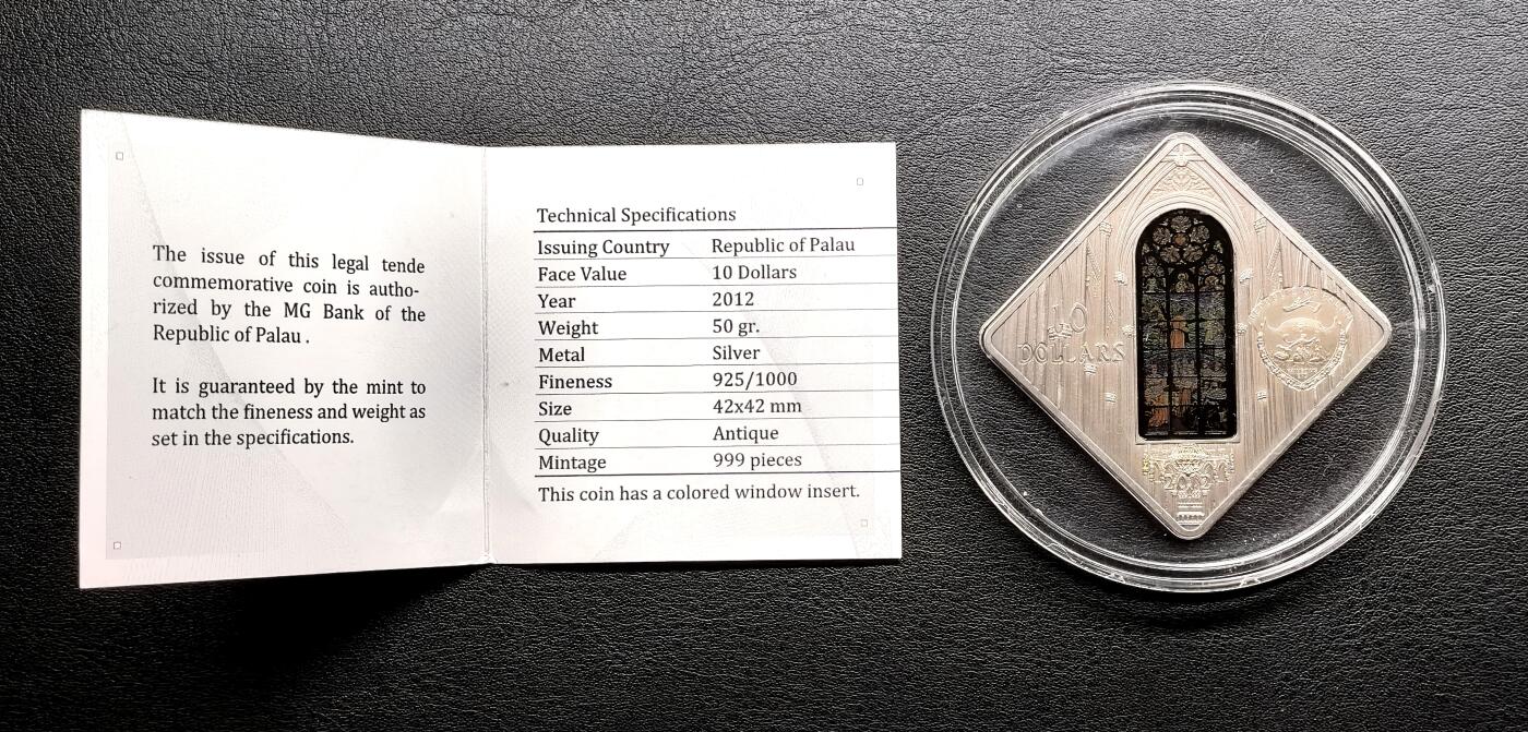 凡希社世界钱币微拍第三百二十二期 2012帕劳神圣艺术系列-维也纳感恩教堂10Dol菱形仿古银币，全品附证书。
