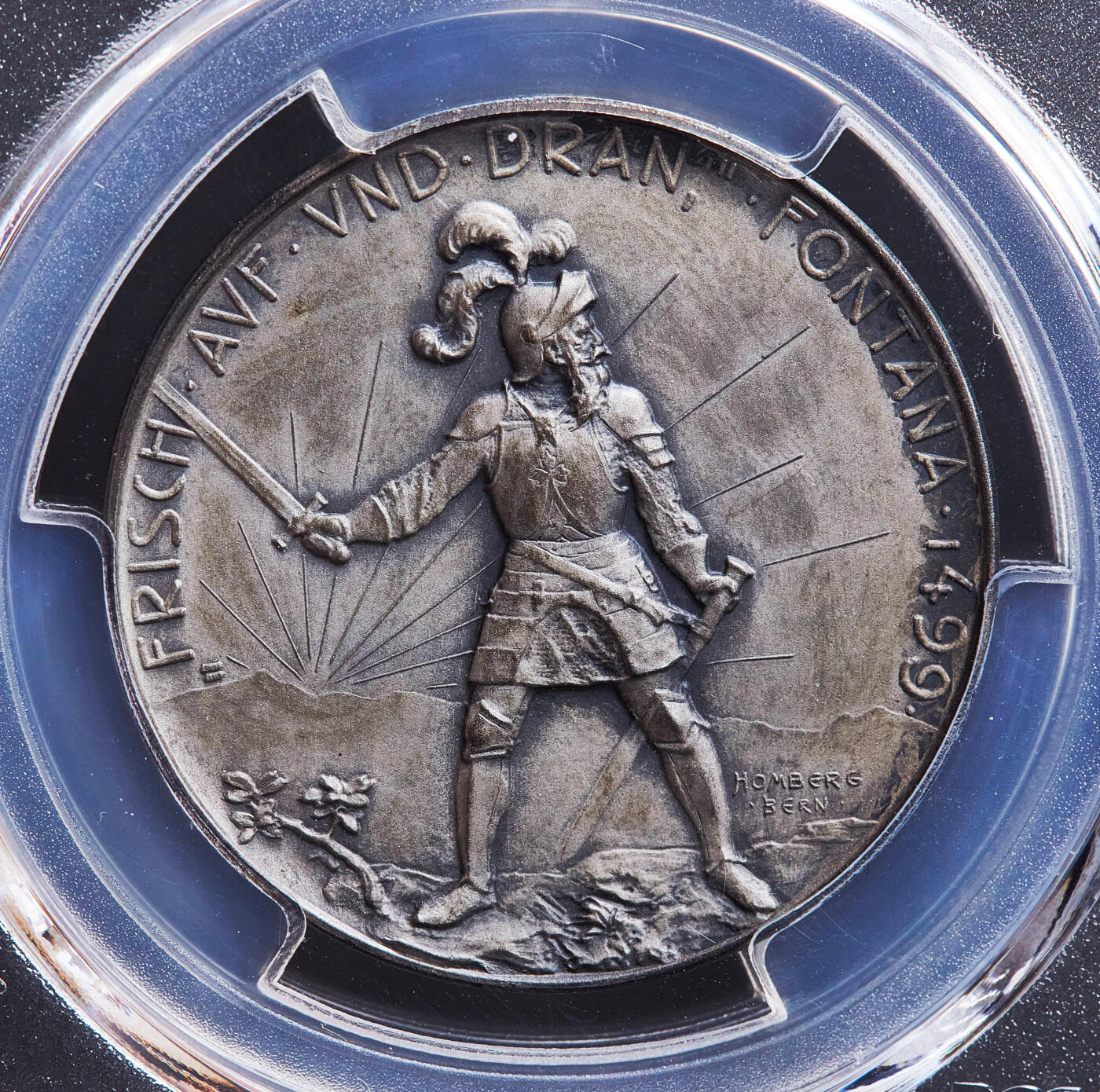 【俄甄集藏】满园春色-2026年(051)04-22星期三 晚 19:30 全场包邮 瑞士1900年纪念格劳宾登射击节银章，PCGS SP64，黄油彩磨砂底板，高浮雕，史诗英雄德兰·冯塔纳造像，季军