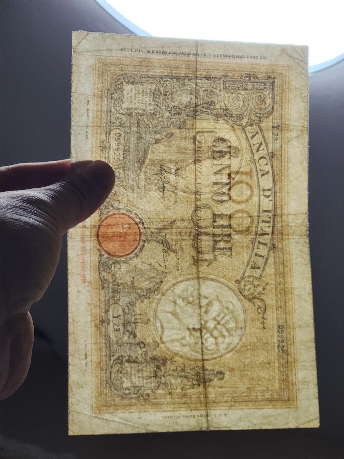 4月11号晚上8点 中外纸币自动截拍第55场 意大利1926年100第一版原票美品