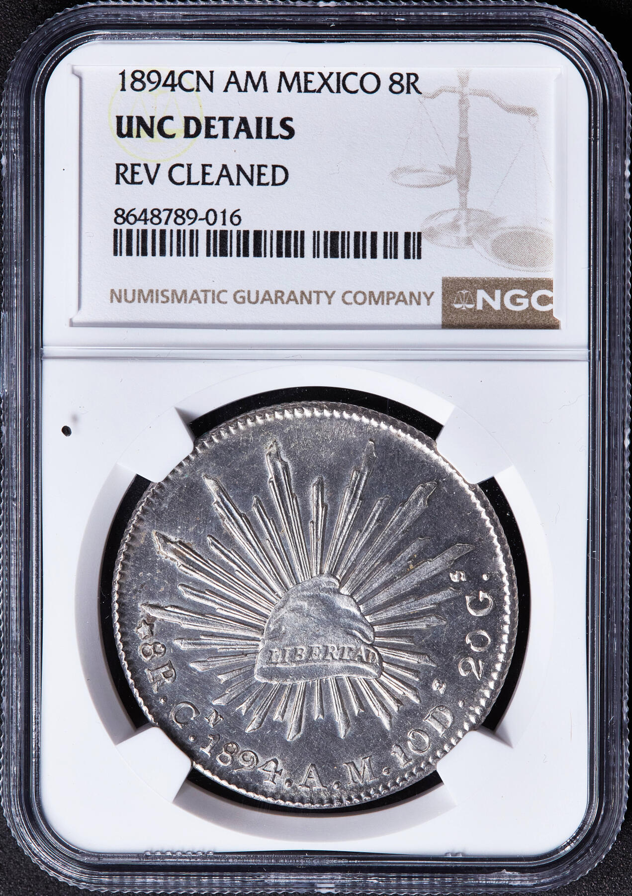 【俄甄集藏】满园春色-2026年(051)04-22星期三 晚 19:30 全场包邮 墨西哥1894年Cn AM版8里亚尔鹰洋大银币，NGC UNCD，转光品相，底板凝霜，少见版别