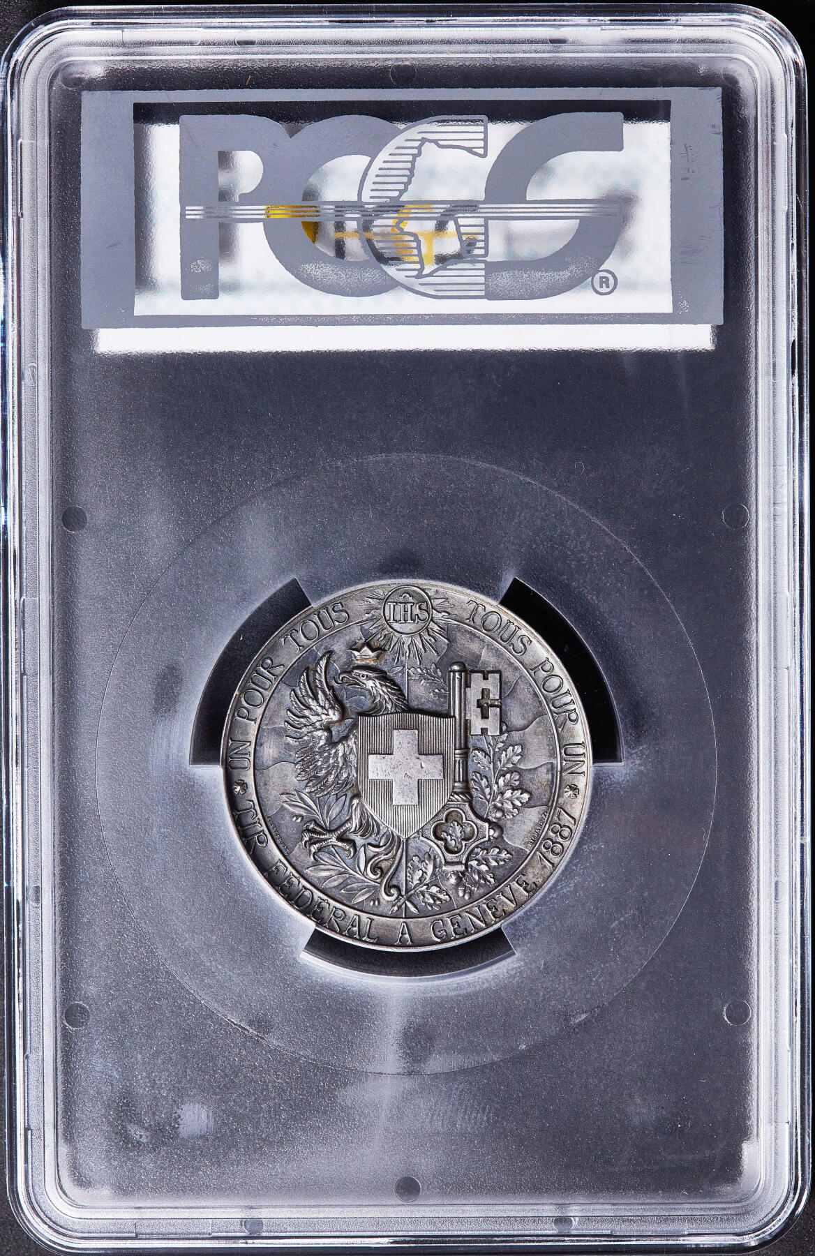 【俄甄集藏】满园春色-2026年(051)04-22星期三 晚 19:30 全场包邮 瑞士1887年纪念日内瓦联邦射击节大银章，PCGS SP62，酱彩包浆，高浮雕，经典品种，直径：45mm