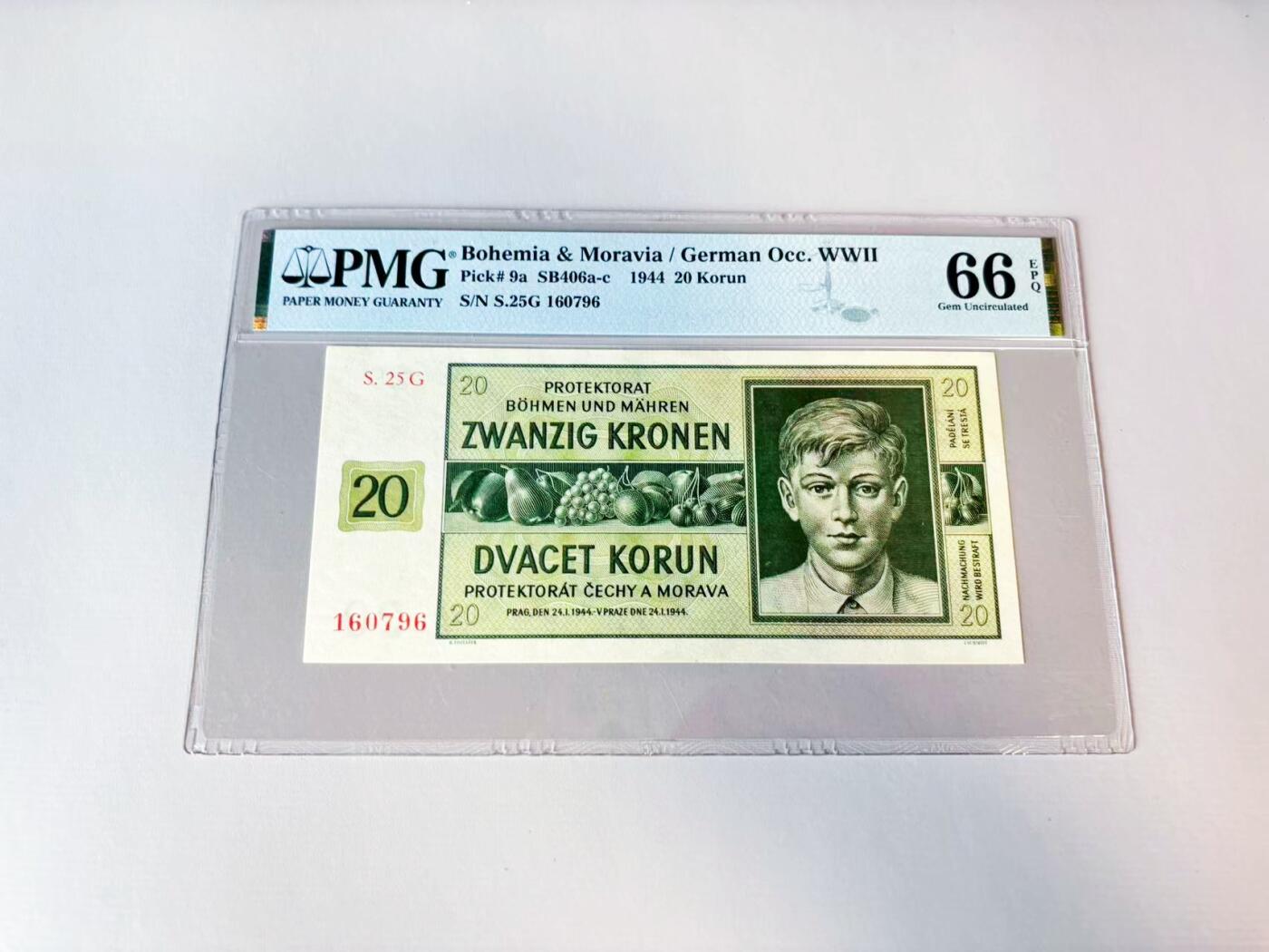 【Blue Auction】世界纸币精拍第808期——18级TOP拍卖/信誉/品质/专业/高效💫 【实钞】波西米亚 1944年20克朗 PMG66EPQ 
