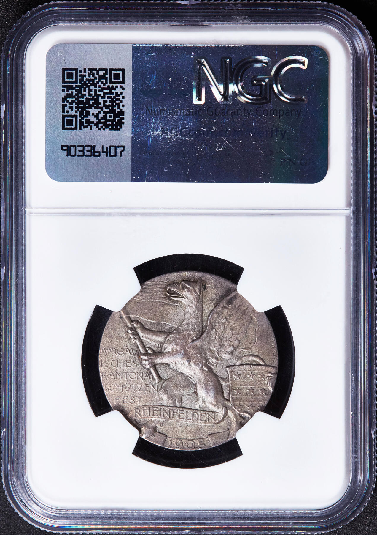 【俄甄集藏】满园春色-2026年(051)04-22星期三 晚 19:30 全场包邮 瑞士1905年纪念阿尔高-莱茵费尔登射击节银章，NGC MS64，黄油彩包浆，高浮雕，格里芬狮鹫，设计精美