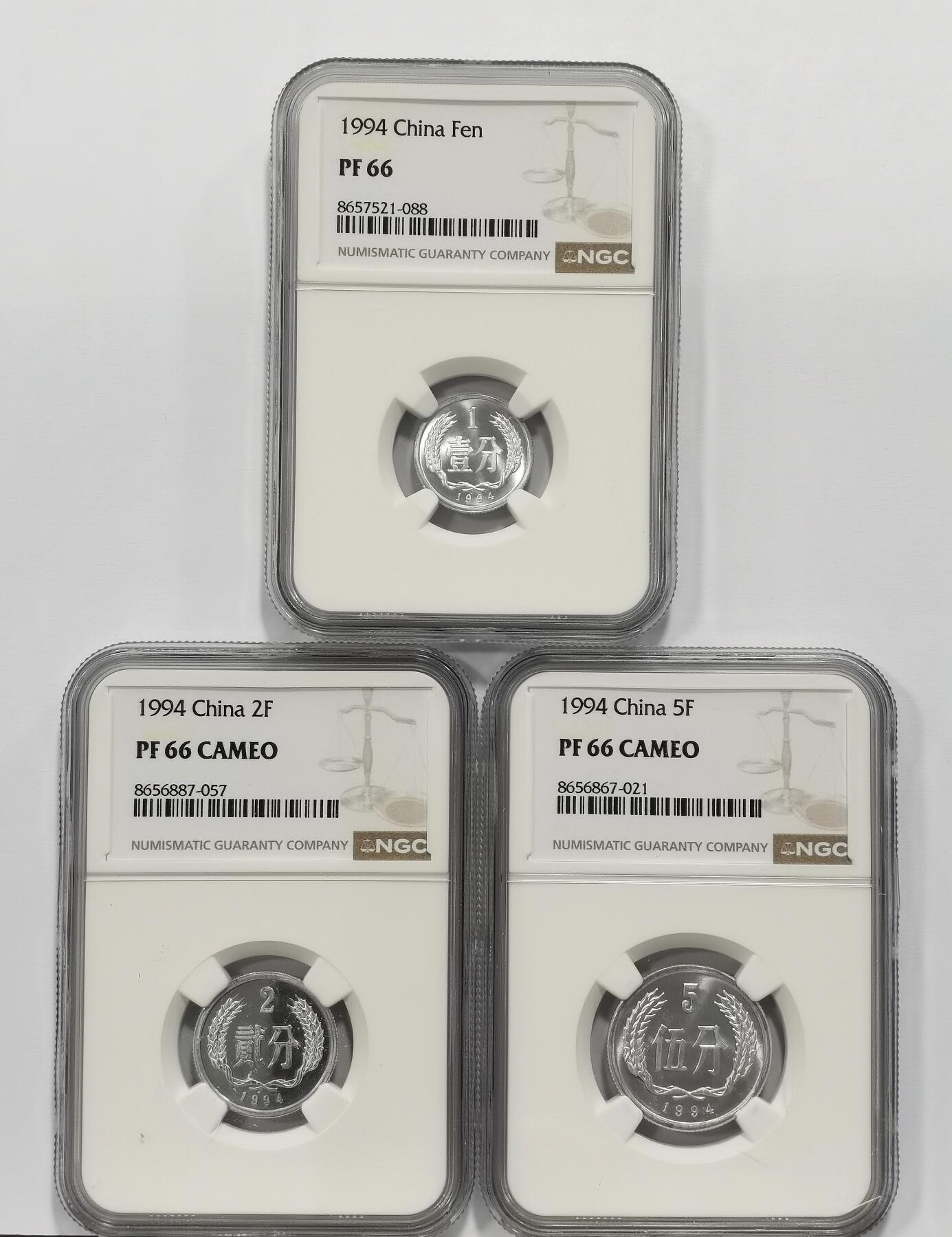 博洋堂世界钱币拍卖第168期（全场包邮） NGC PF66/66CAMEO 中国1994年壹分、贰分、伍分一套3枚