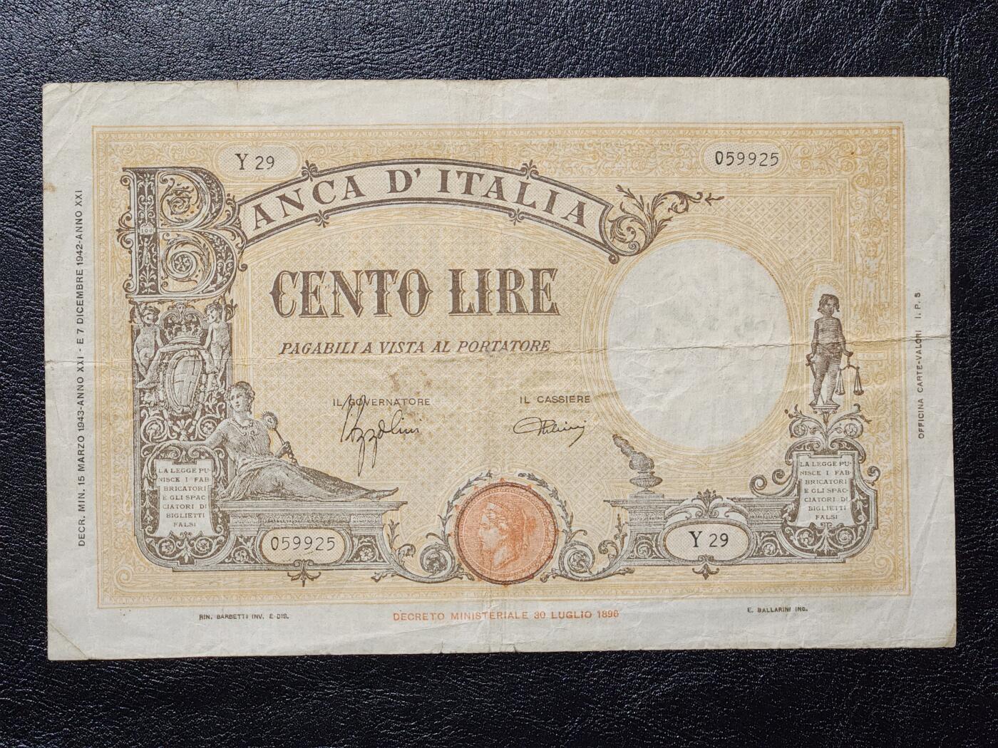 4月11号晚上8点 中外纸币自动截拍第55场 意大利1926年100第一版原票美品