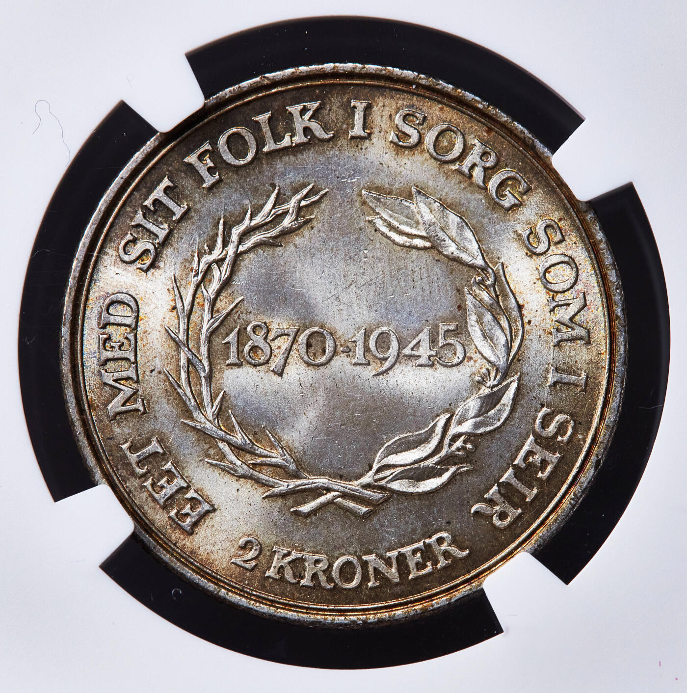 【俄甄集藏】满园春色-2026年(051)04-22星期三 晚 19:30 全场包邮 丹麦1945年克里斯蒂安十世NS版纪念国王75寿辰2克朗银币，NGC MS64，重15克，80%银，黄油五彩，顶级转光