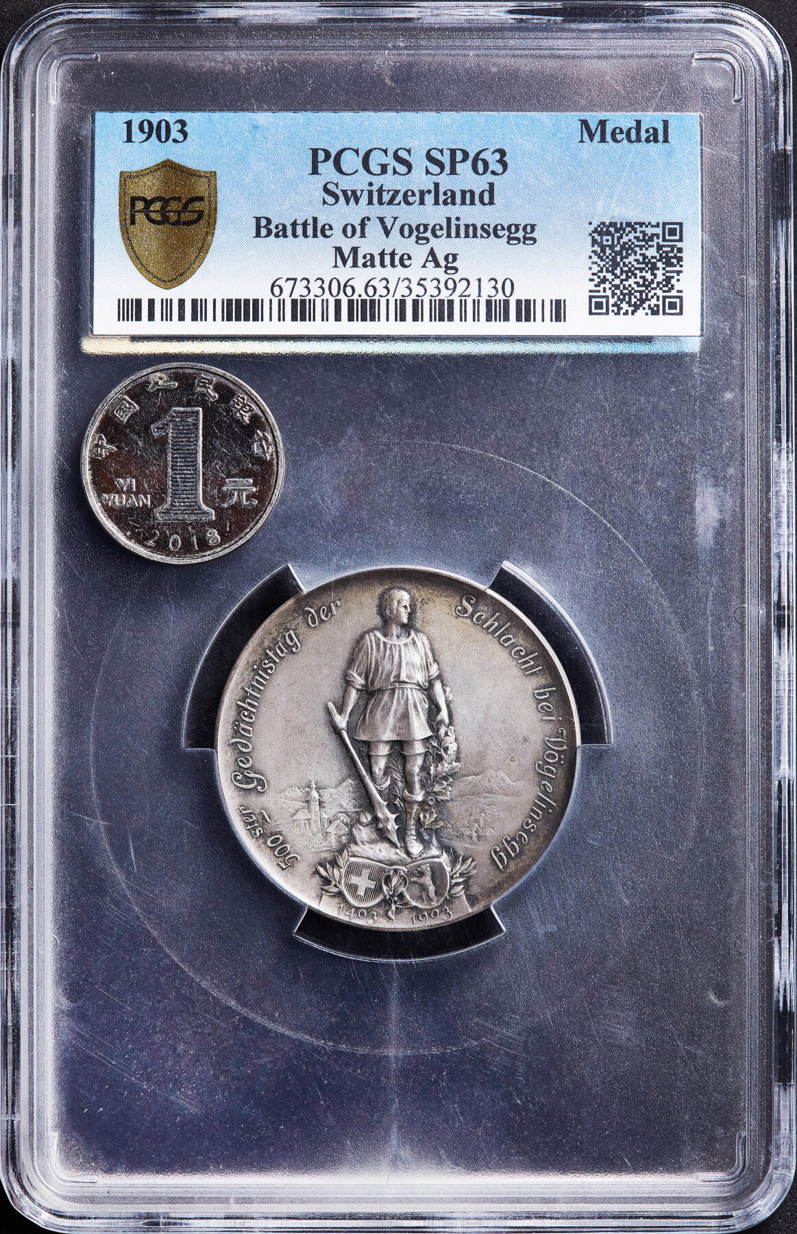 【俄甄集藏】满园春色-2026年(051)04-22星期三 晚 19:30 全场包邮 瑞士1903年纪念反抗哈布斯堡王朝弗格林塞格战役500周年大银章，PCGS SP63，黄油酱彩老包浆，高浮雕，设计精美，稀有品种，冠军分数，直径：45mm