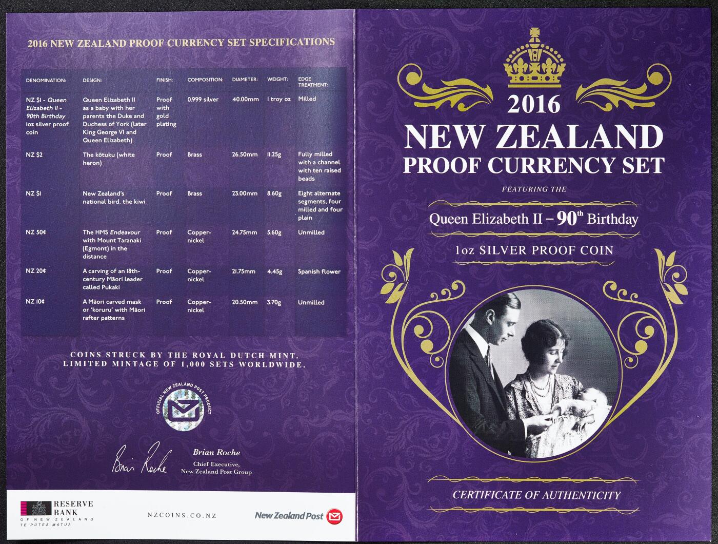 【俄甄集藏】满园春色-2026年(051)04-22星期三 晚 19:30 全场包邮 新西兰2016年纪念伊丽莎白二世90寿辰精制封装套币，含1枚镀金1盎司999纯银精制大银币，发行量1500套