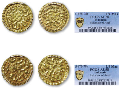 德泉缘2026年三亚春季拍卖会 - 印度尼西亚苏丹国 1/4 马斯金币一组 2 枚 PCGS AU58 87657814/7818