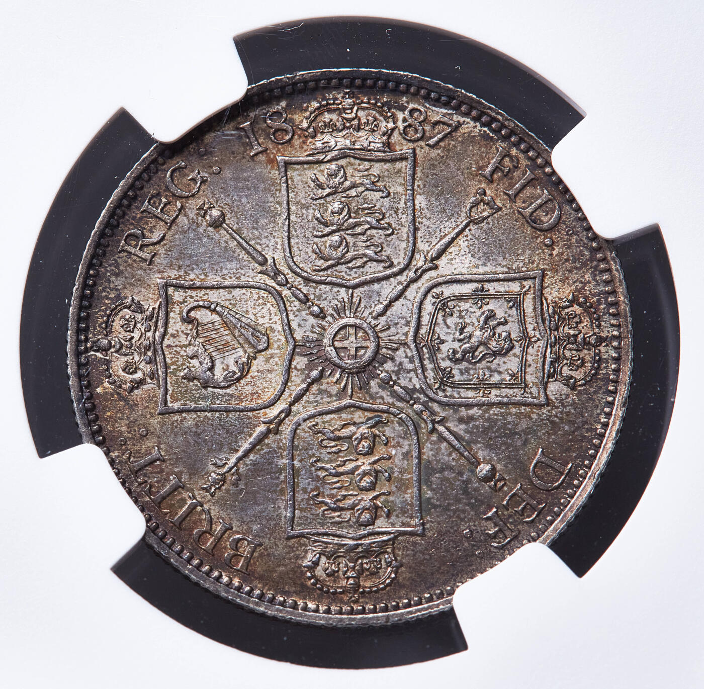 【俄甄集藏】满园春色-2026年(051)04-22星期三 晚 19:30 全场包邮 英国1887年维多利亚高冠1福林银币，NGC AU55，五彩酱彩老包浆，原光品相