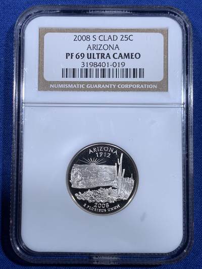 《竞宝斋》第479场 周日，周一 2场连拍 （全场包邮）20级店铺 欢迎送拍 - NGC PF69UC 美国州系列2008年亚里桑那州1/4元精制纪念币，PROOF精制币，币面清爽干净又舒适，打制精美，小巧精致，状态极佳。