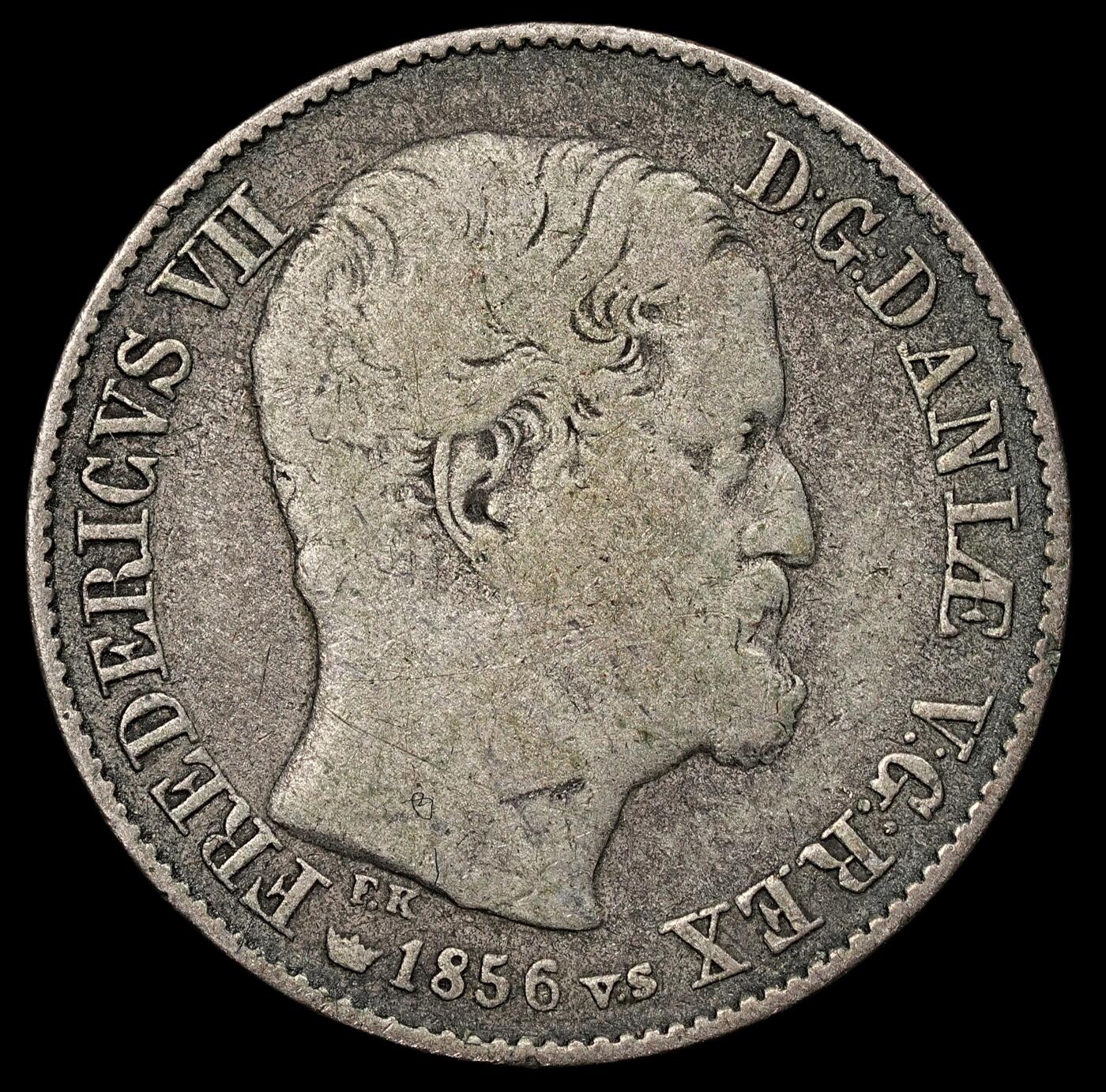 修遠堂世界钱币第111期 1856 年丹麦弗雷德里克七世 16 斯基令银币，3.74g