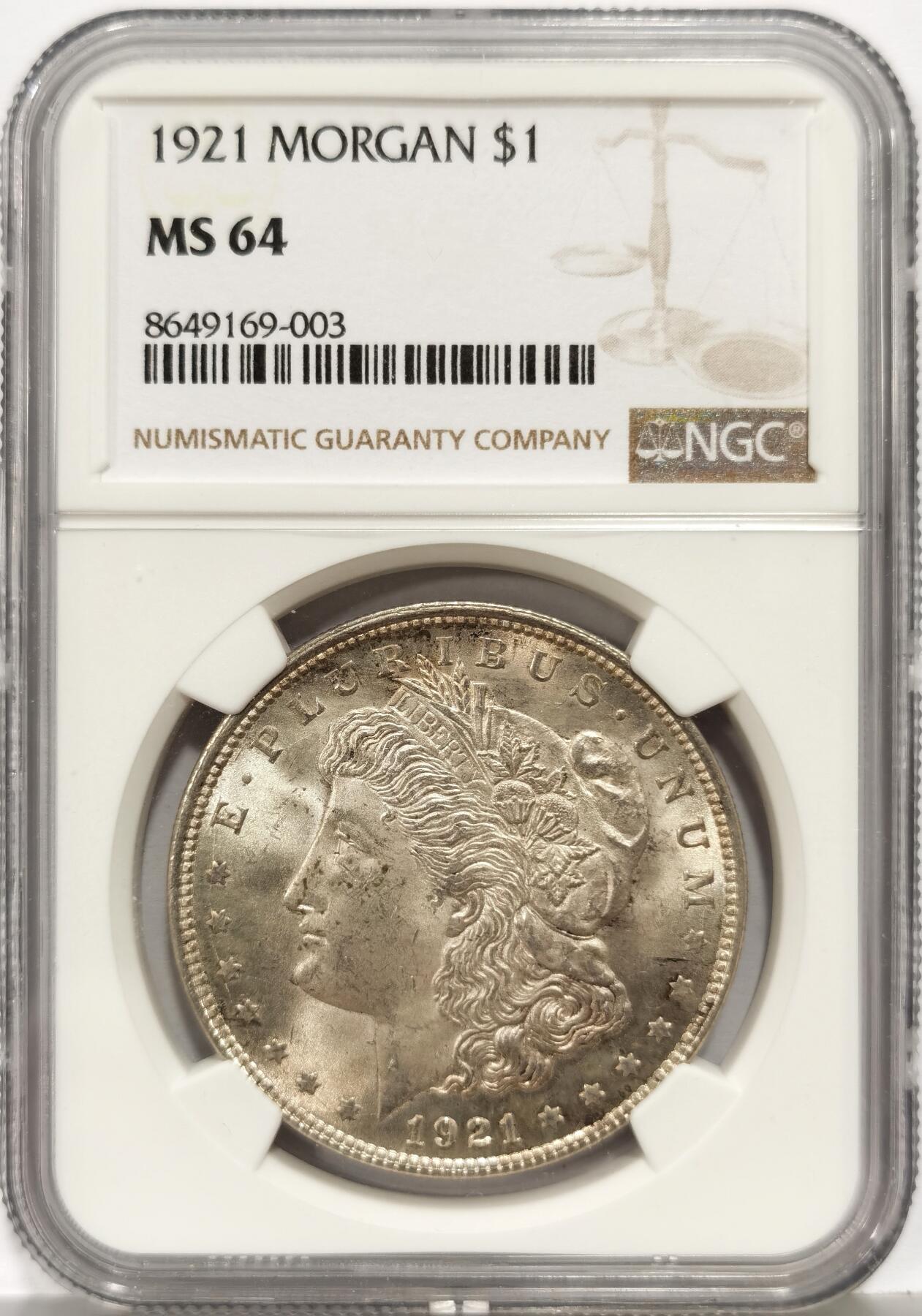 博洋堂世界钱币拍卖第168期（全场包邮） NGC MS64 美国1921年摩根银币，极美原光好品，底板状态上佳，状态不输65。