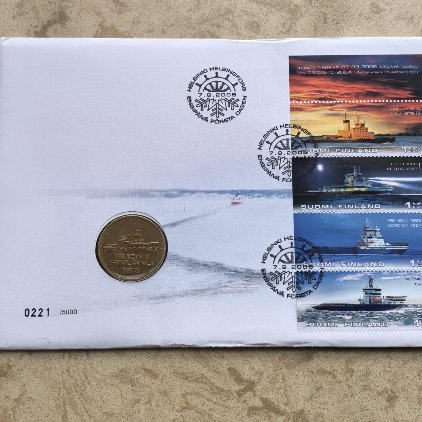 道一币馆币章第一百七十四场 邮币封 芬兰1972年破冰船5马克铜币 首年