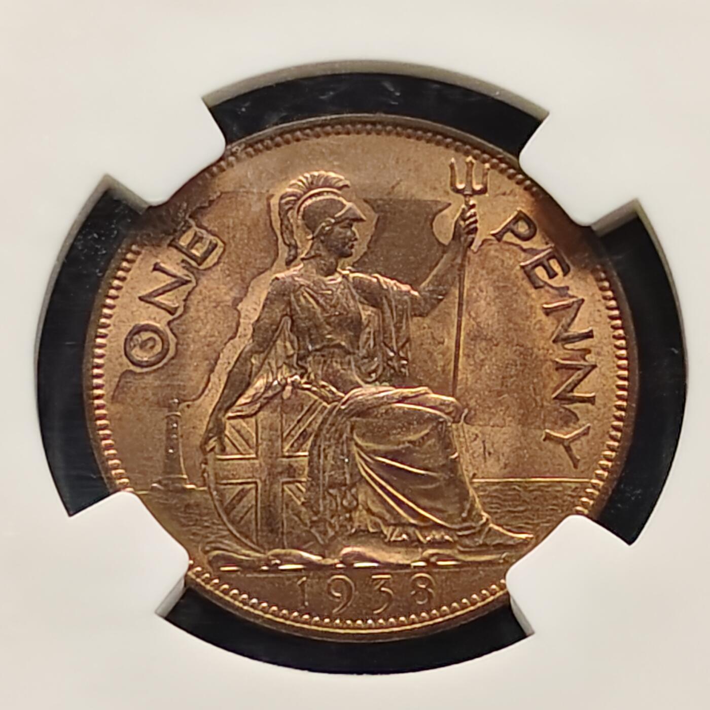 【全场包邮】纯粹捡漏拍521场 英国1938年乔治六世1便士铜币-NGC MS64 RB