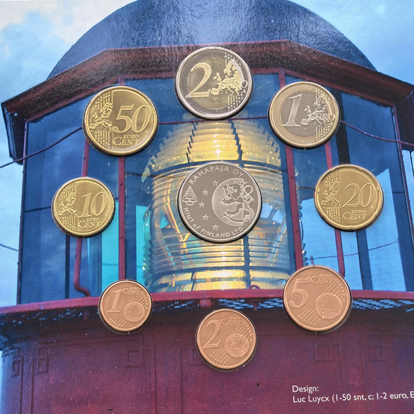 道一币馆币章第一百七十四场 原包装 芬兰2008年罗卡拉灯塔纪念版欧元套币8枚+纪念章 