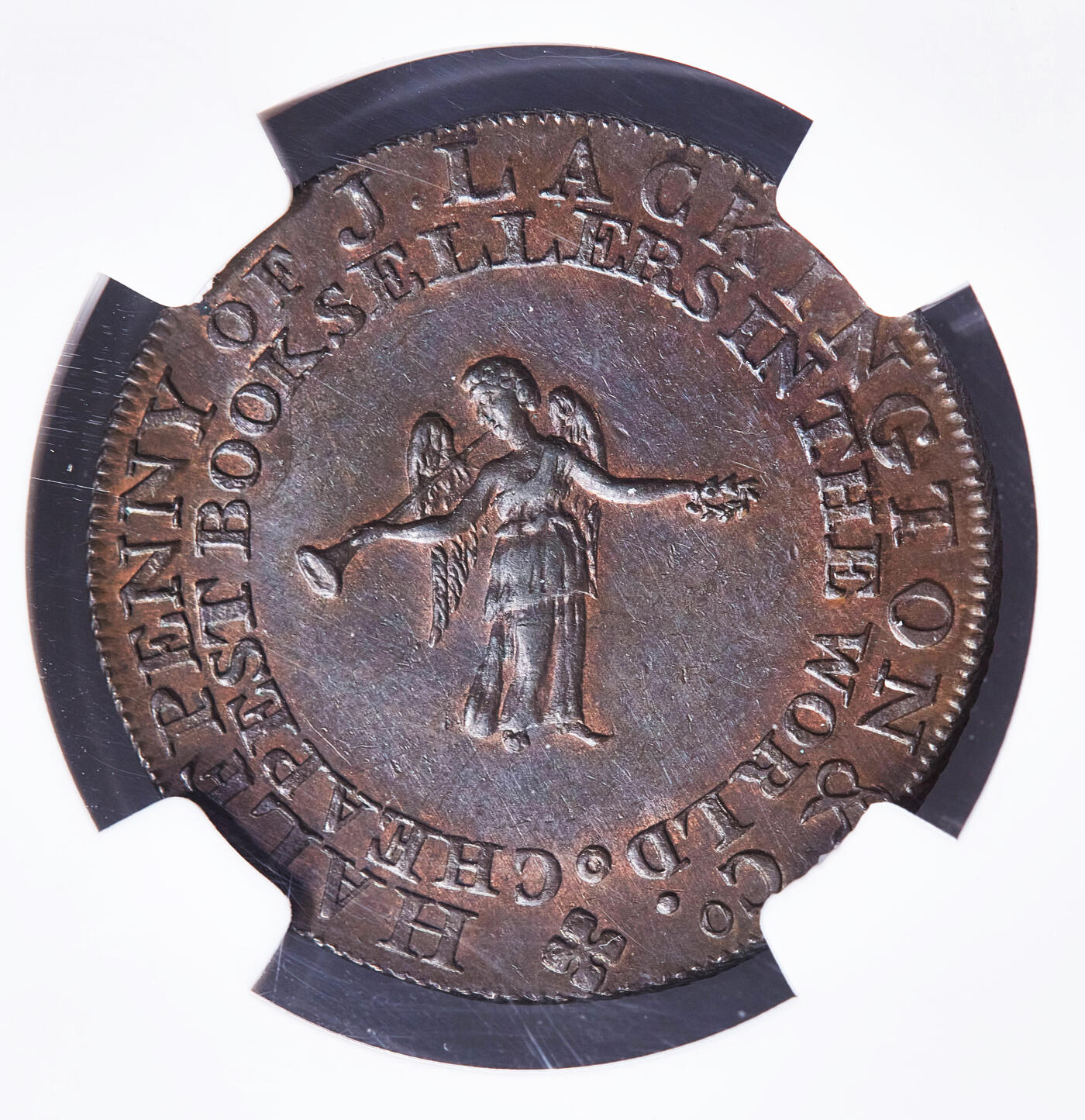 【俄甄集藏】满园春色-2026年(051)04-22星期三 晚 19:30 全场包邮 英国1794年米德尔塞克思郡传奇书商詹姆斯·拉金盾头像1/2便士名誉女神墨菲商业代用铜币，NGC MS63，巧克力包浆，原光品相，稀少品种