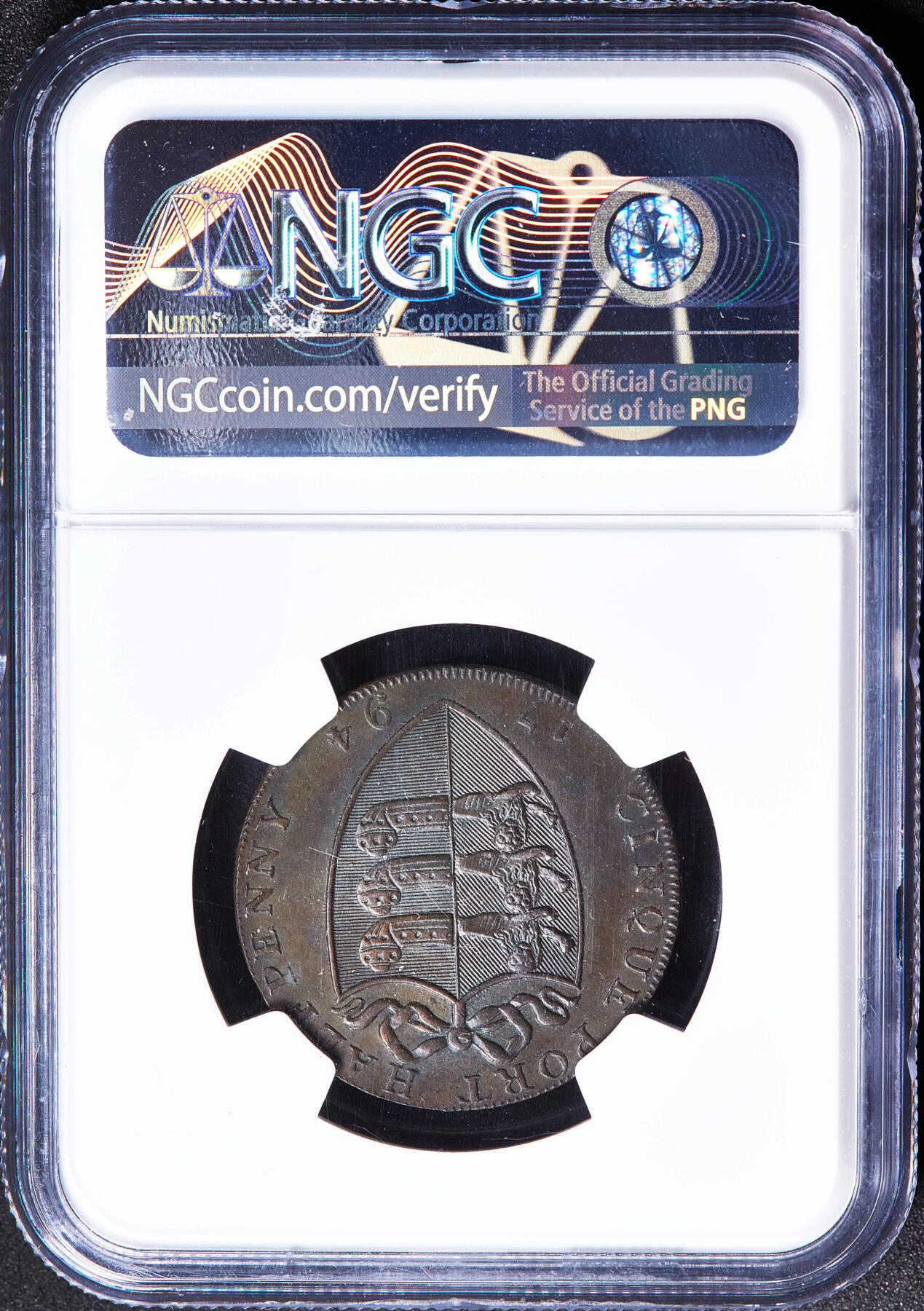 【俄甄集藏】满园春色-2026年(051)04-22星期三 晚 19:30 全场包邮 英国1794年肯特郡海斯镇渔业商人理查德·希普登1/2便士五港同盟纹章与三桅帆船商业代用铜币，NGC MS63，黑巧克力包浆，原光品相