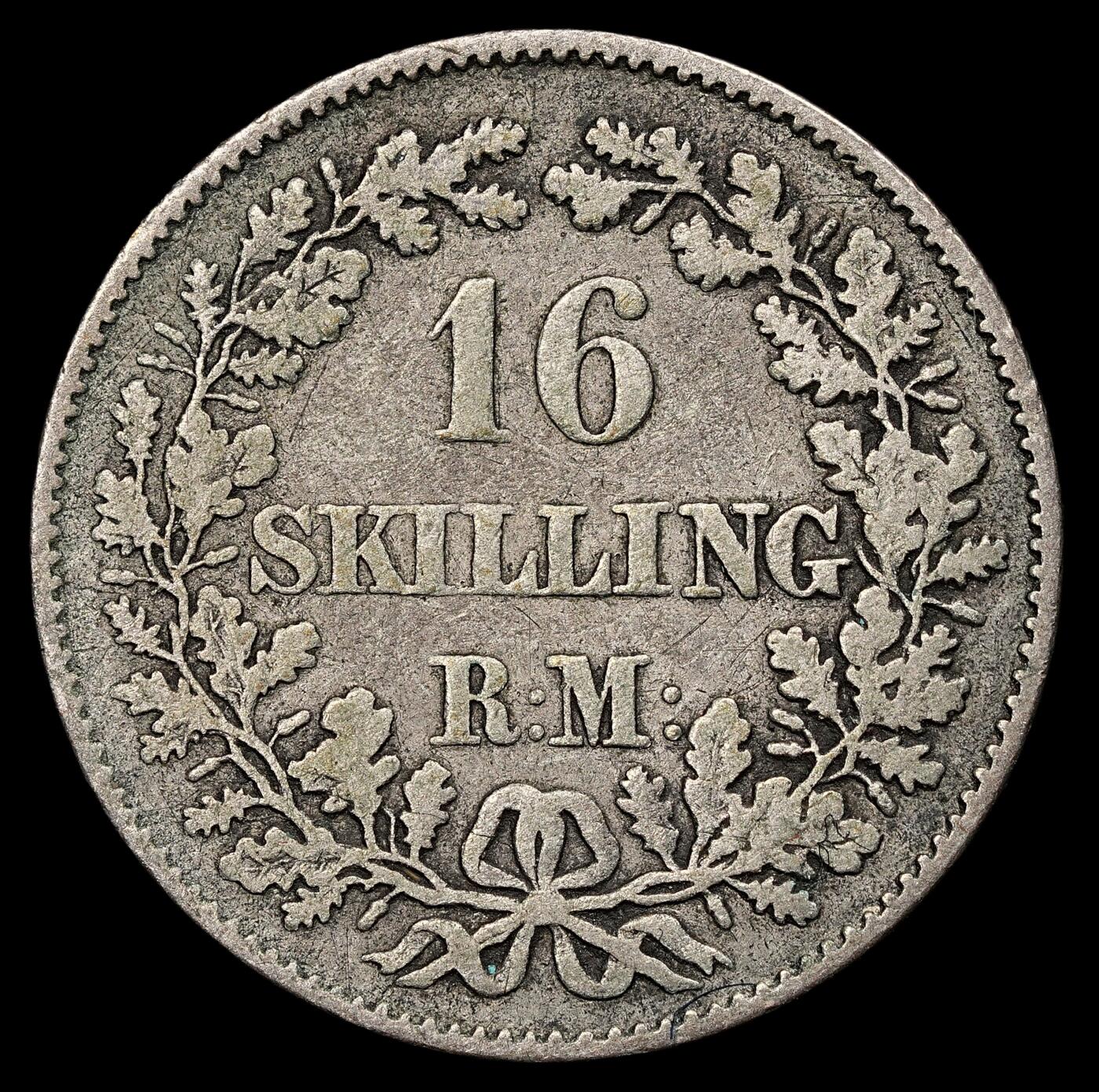 修遠堂世界钱币第111期 1856 年丹麦弗雷德里克七世 16 斯基令银币，3.74g