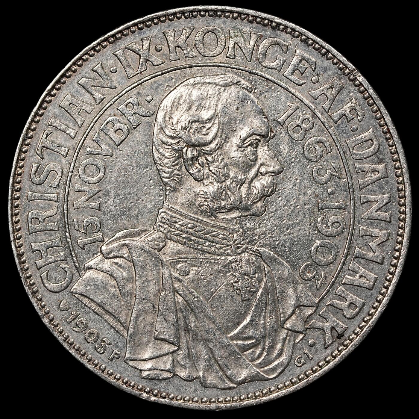 修遠堂世界钱币第111期 1903年丹麦国王登基40周年纪念2克朗银币 15g，含银80%