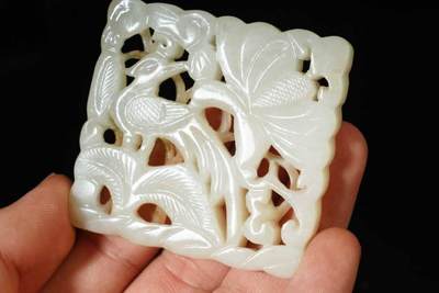上海都达杂项专场102【全场包邮】  白玉镂空雕花鸟带板65-345