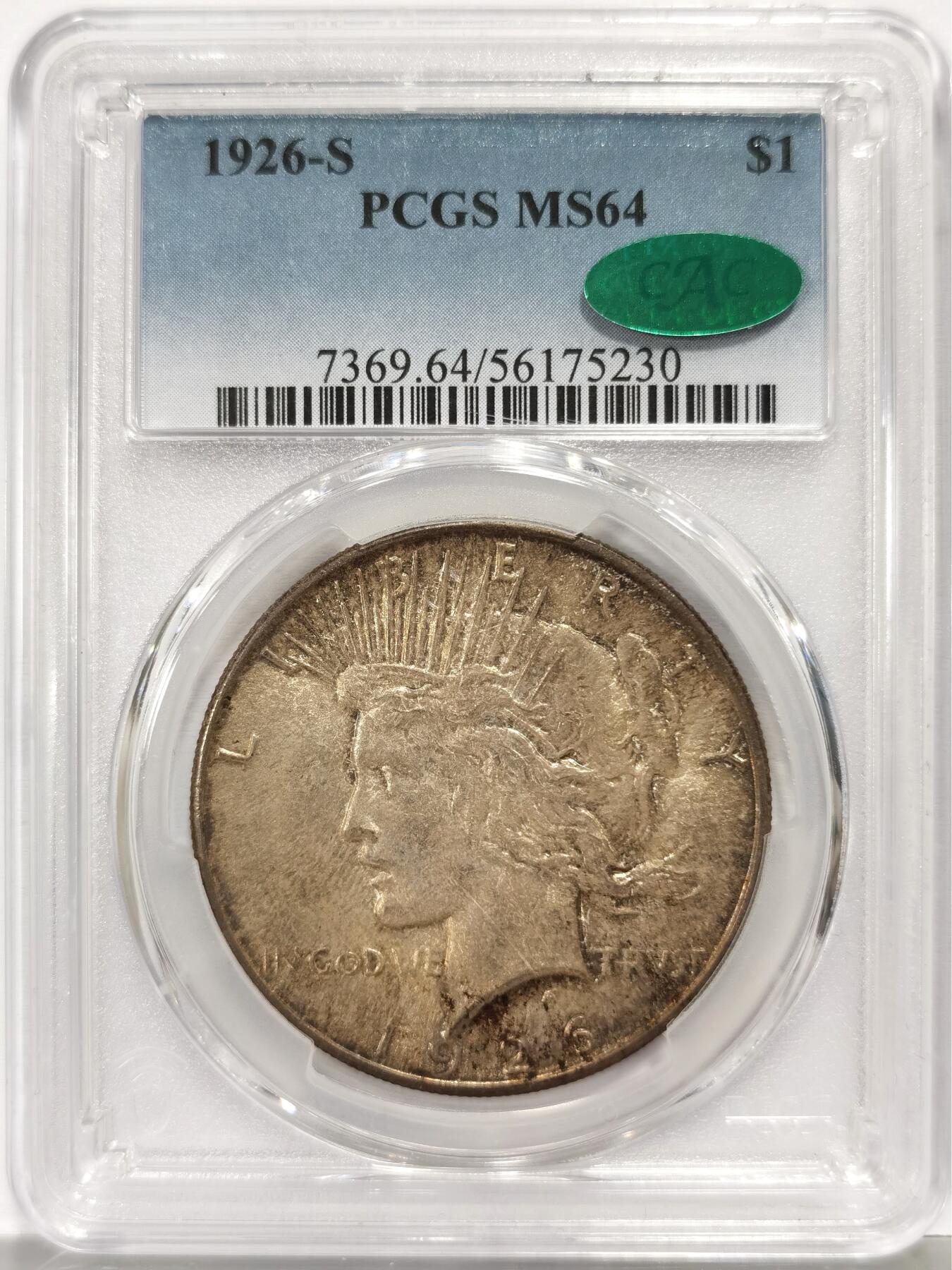 博洋堂世界钱币拍卖第168期（全场包邮） PCGS MS64 CAC 美国1926 S 和平 麦稀奇所见高分 1926 S 在整个和平银元系列中 是一枚非常有代表性的状态稀缺币 低分币非常普遍 但高分币极其罕见 此枚打制精细 转光犀利 双面覆盖老包浆 配上CAC认证 是不可多得的藏品