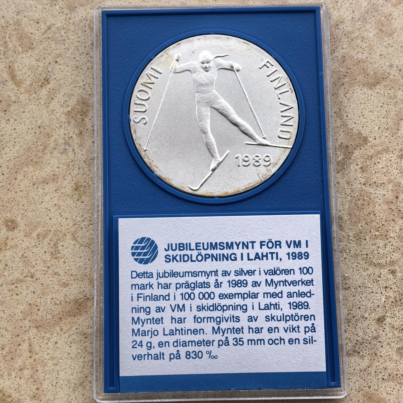道一币馆币章第一百七十四场 原包装 芬兰1989年第27届拉赫蒂北欧滑雪锦标赛100马克银币