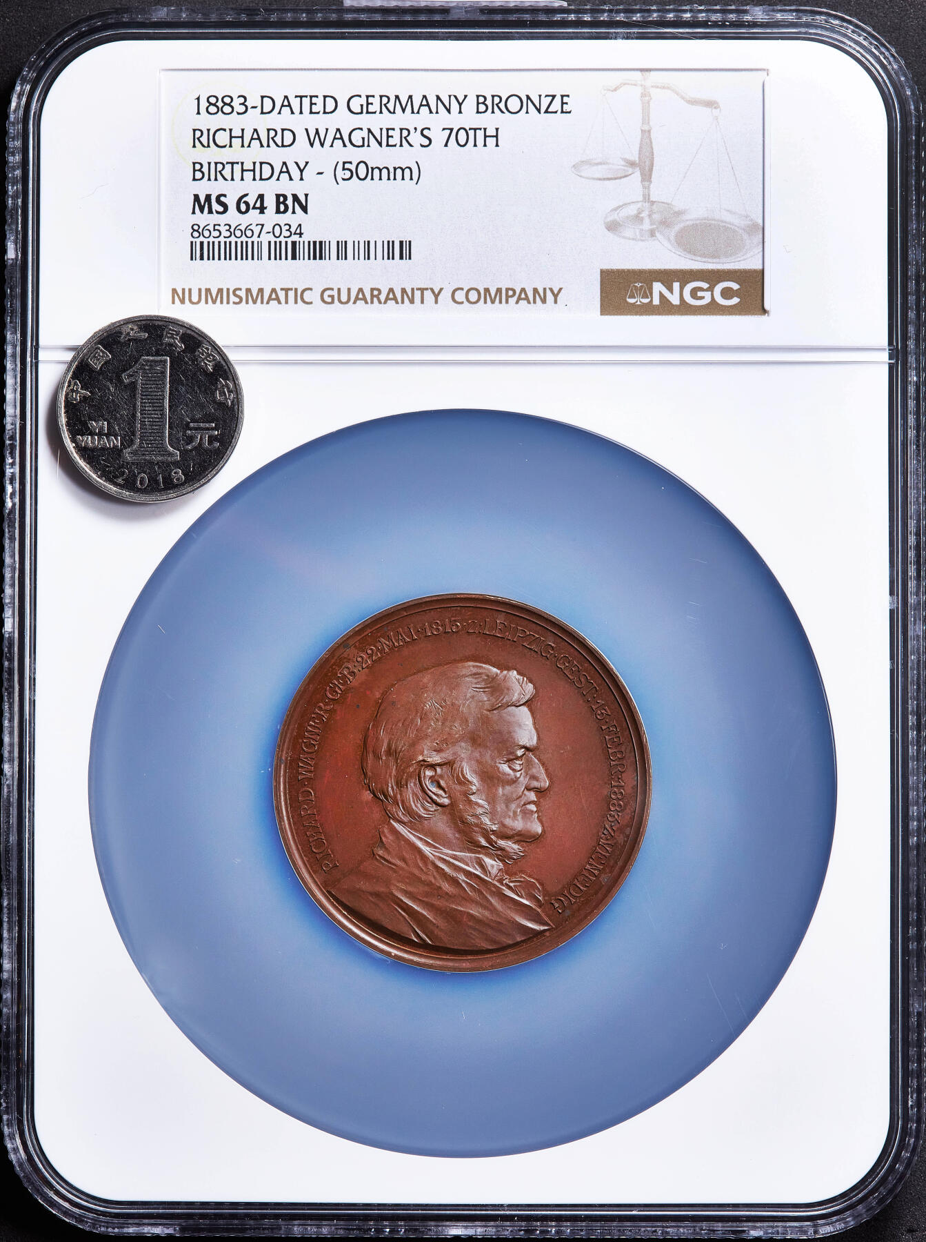 【俄甄集藏】满园春色-2026年(051)04-22星期三 晚 19:30 全场包邮 德国1883年纪念作曲家理查德·瓦格纳70寿辰大铜章，NGC MS64，巧克力包浆，设计精美，德国纽伦堡劳尔厂铸造，背面建筑为拜罗伊特节庆剧院，直径：50mm，名誉品种