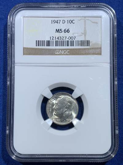 《竞宝斋》第479场 周日，周一 2场连拍 （全场包邮）20级店铺 欢迎送拍 - NGC MS66 美国1947年罗斯福10分银币, 早期年分, 高分少见