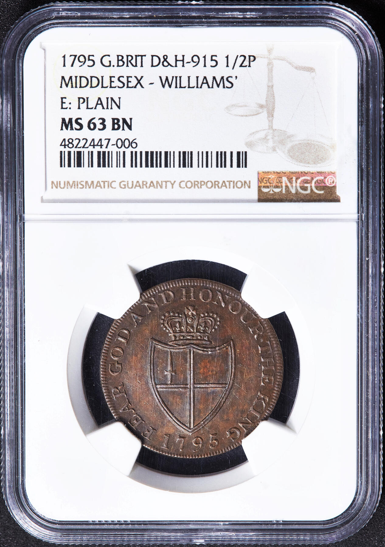 【俄甄集藏】满园春色-2026年(051)04-22星期三 晚 19:30 全场包邮 英国1795年米德尔塞克思郡伦敦商人威廉姆斯1/2便士城市与波特库里斯吊闸纹章商业代用铜币，NGC MS63，巧克力包浆，底光犹存，经典品种，币完好，划痕是外盒上