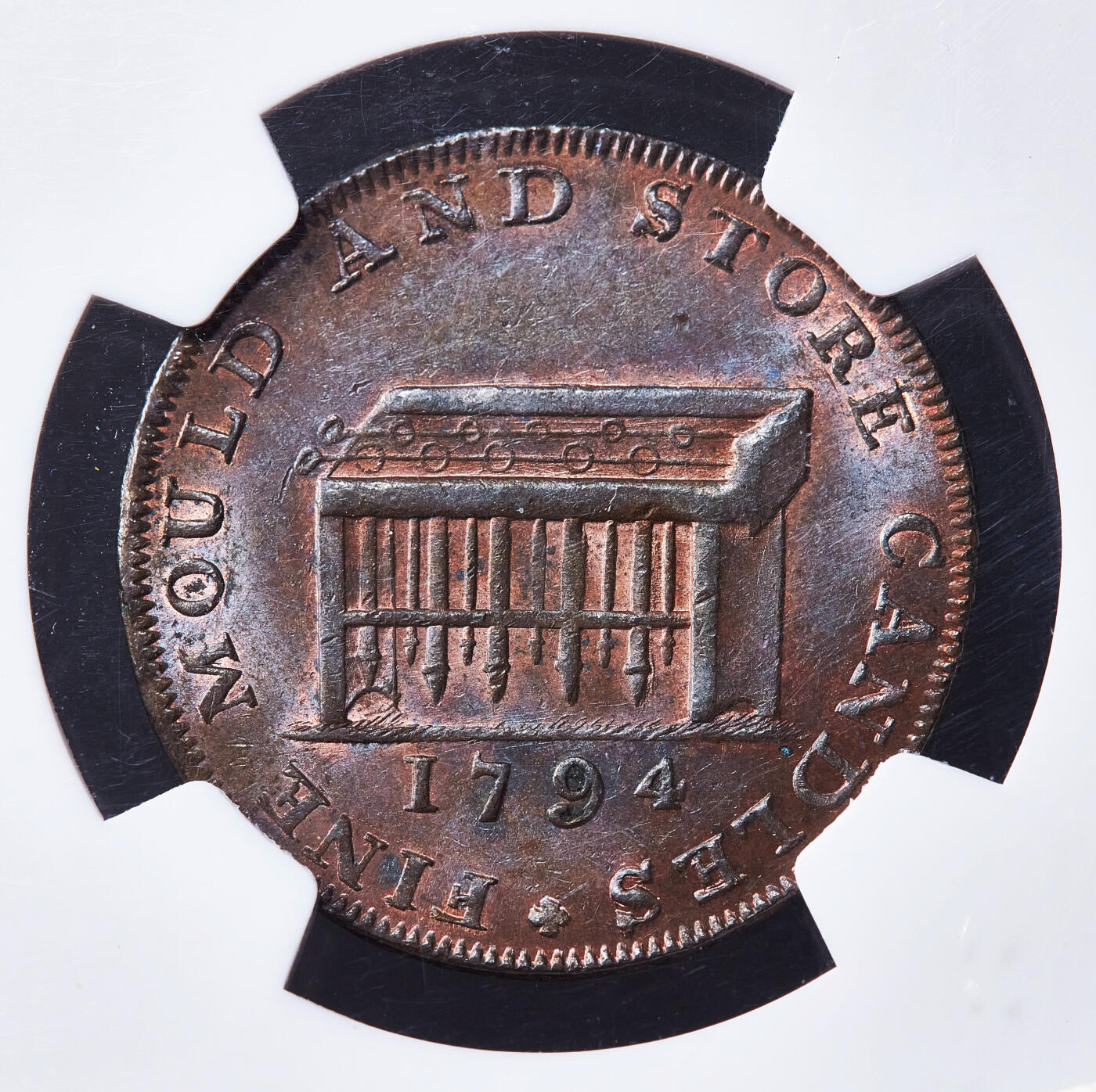 【俄甄集藏】满园春色-2026年(051)04-22星期三 晚 19:30 全场包邮 英国1794年米德尔塞克思郡伦敦蜡烛商人弗朗西斯·沙克尔顿1/2便士皇室纹章与蜡烛作坊商业代用铜币，NGC MS64，巧克力包浆，转光品相，少见品种，冠军分