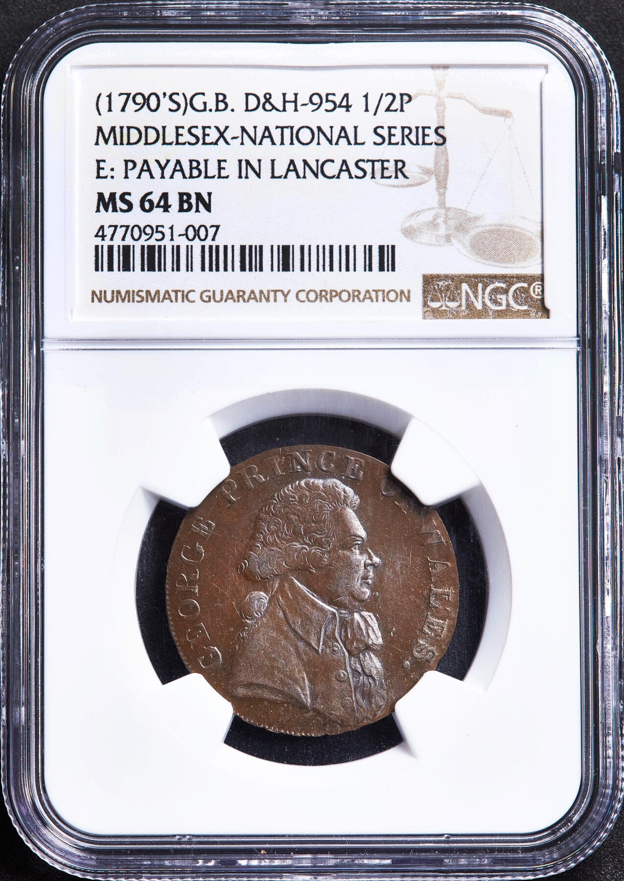 【俄甄集藏】满园春色-2026年(051)04-22星期三 晚 19:30 全场包邮 英国1790年代米德尔塞克思郡威尔士亲王乔治（后来的国王乔治四世）头像1/2便士国家系列皇室纹章版商业代用铜币，NGC MS64，巧克力五彩包浆，原光品相，亚军