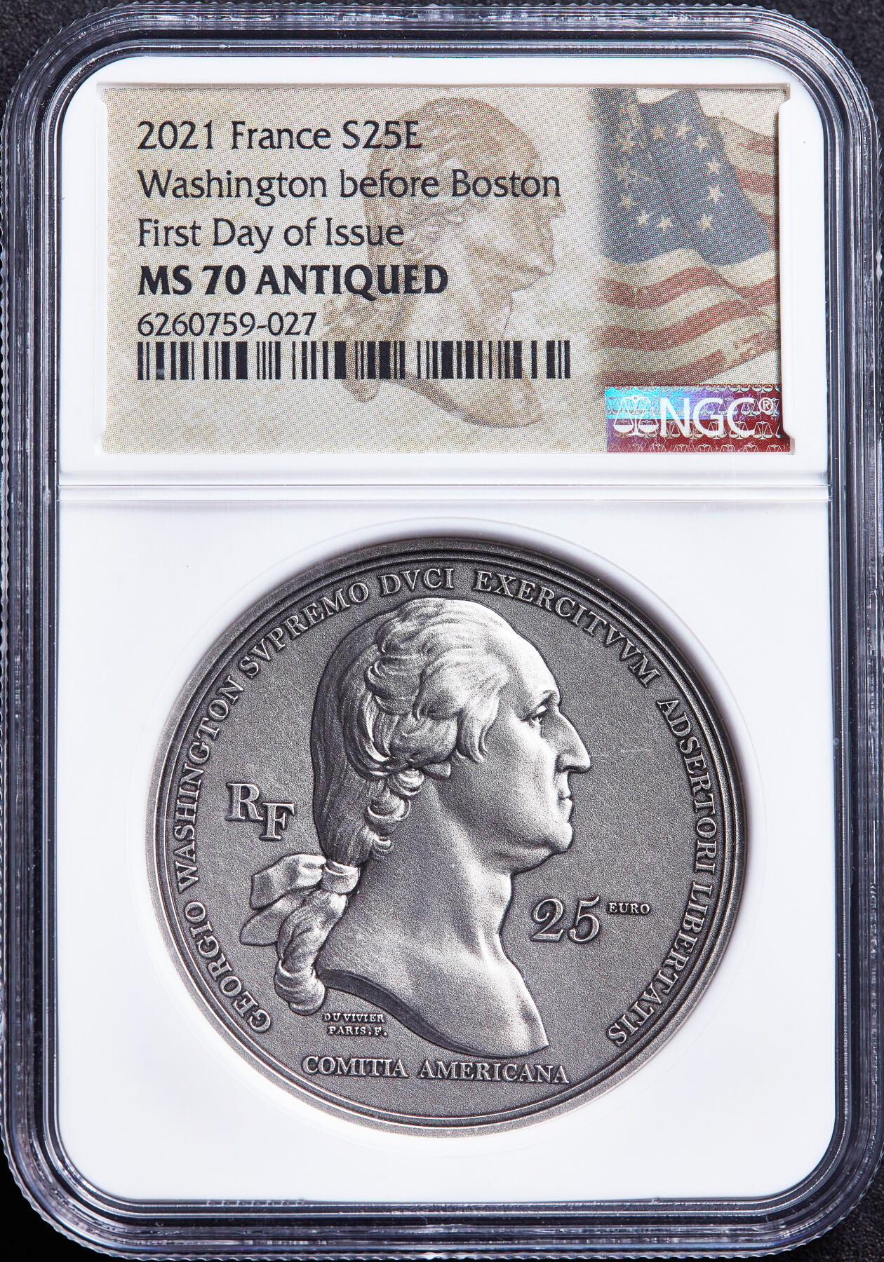 【俄甄集藏】满园春色-2026年(051)04-22星期三 晚 19:30 全场包邮 法国2021年纪念美国建国245周年-华盛顿抵达波士顿25欧元2盎司复古加厚大银币，NGC MS70，高浮雕，重62.206克，999银，发行量1500枚，首日特殊标签