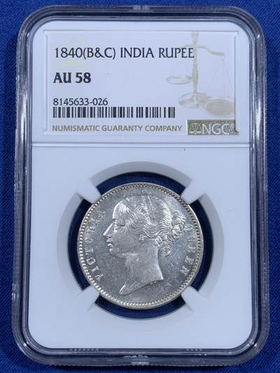 《竞宝斋》第479场 周日，周一 2场连拍 （全场包邮）20级店铺 欢迎送拍 - NGC AU58 英属印度1840年维多利亚女王双辫1卢比银币